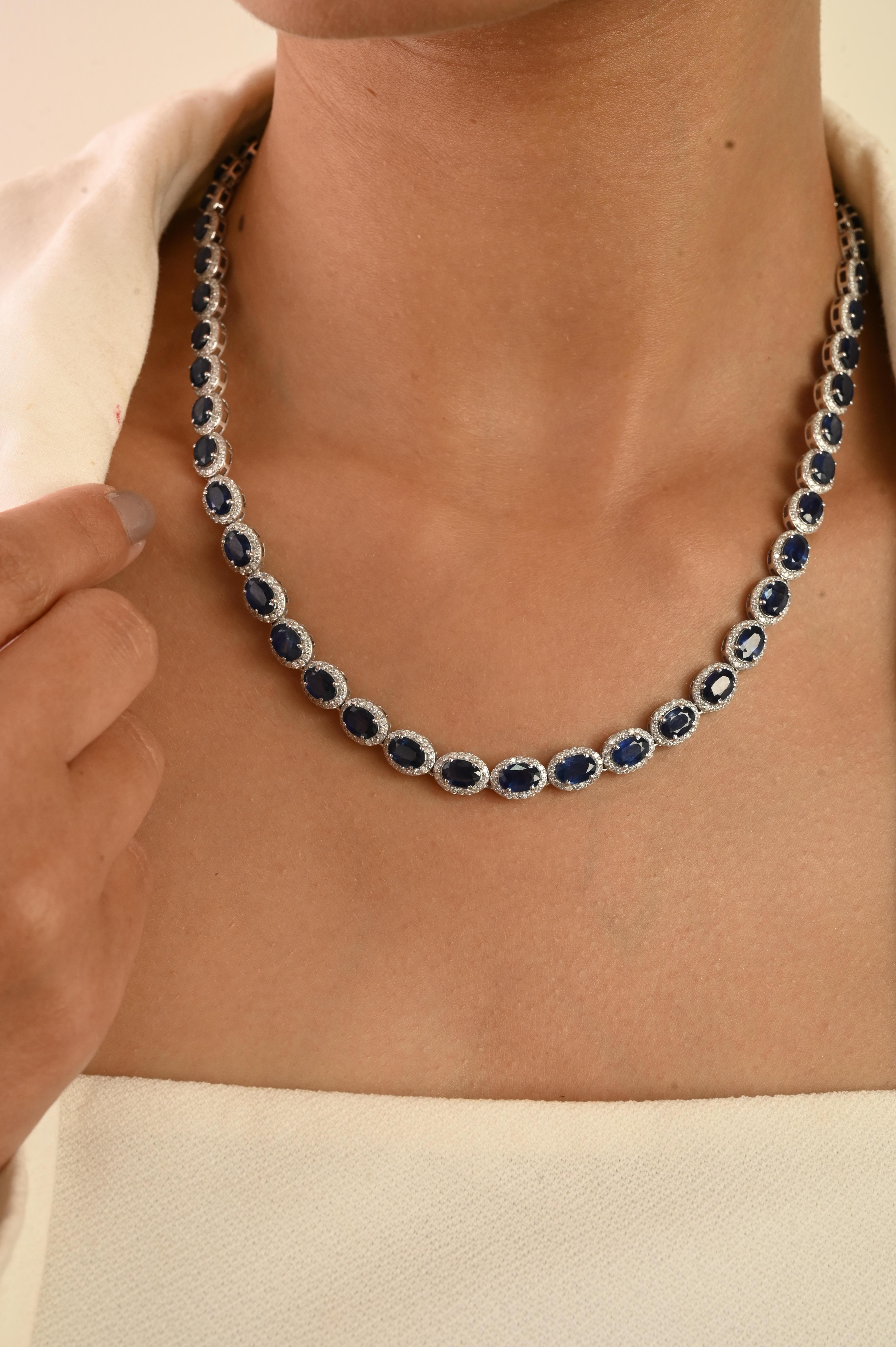 Certified 27.67Ct Blue Sapphire & 4.51Ct Diamond Tennis Necklace 14K White Gold For Sale 2