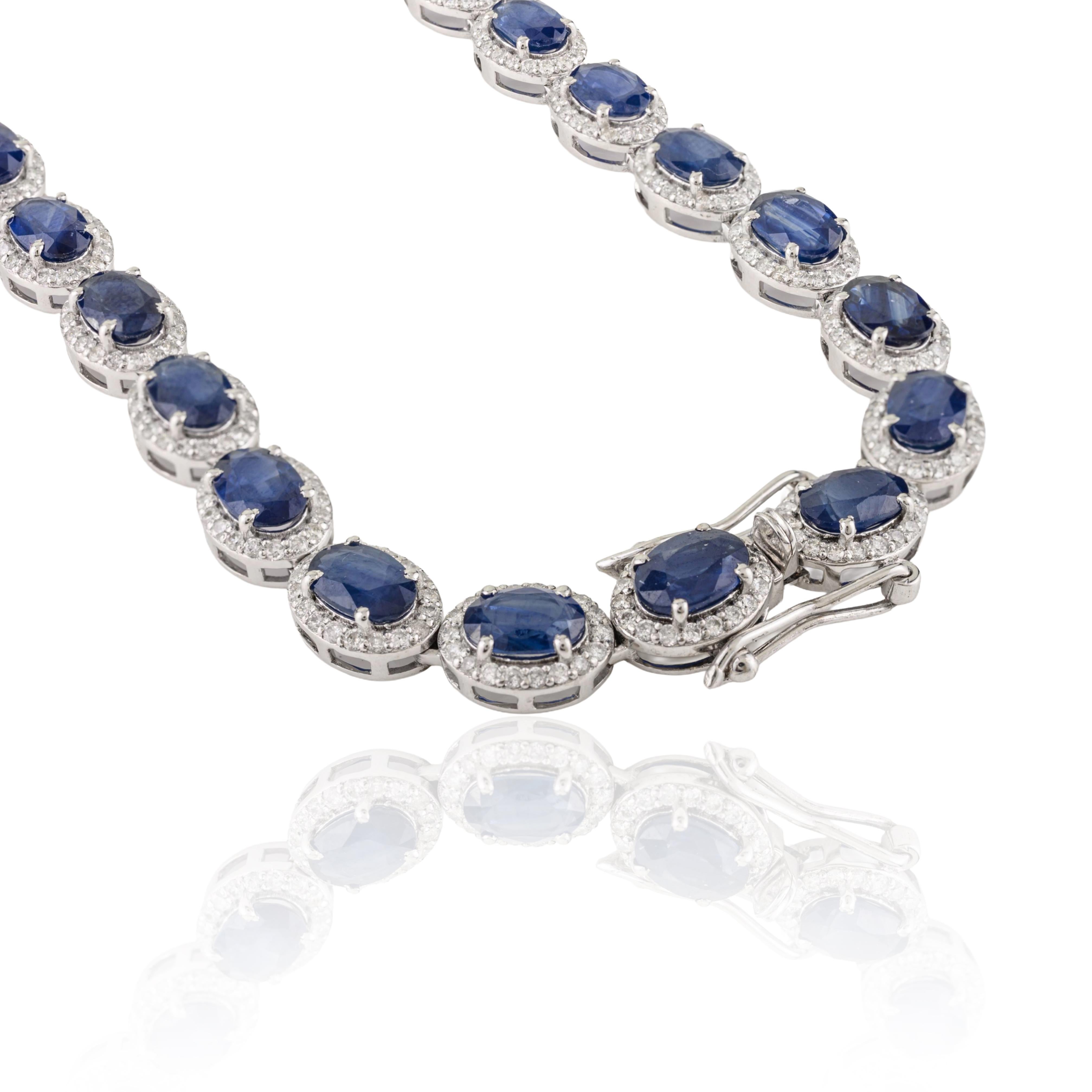Certified 27.67Ct Blue Sapphire & 4.51Ct Diamond Tennis Necklace 14K White Gold For Sale 3