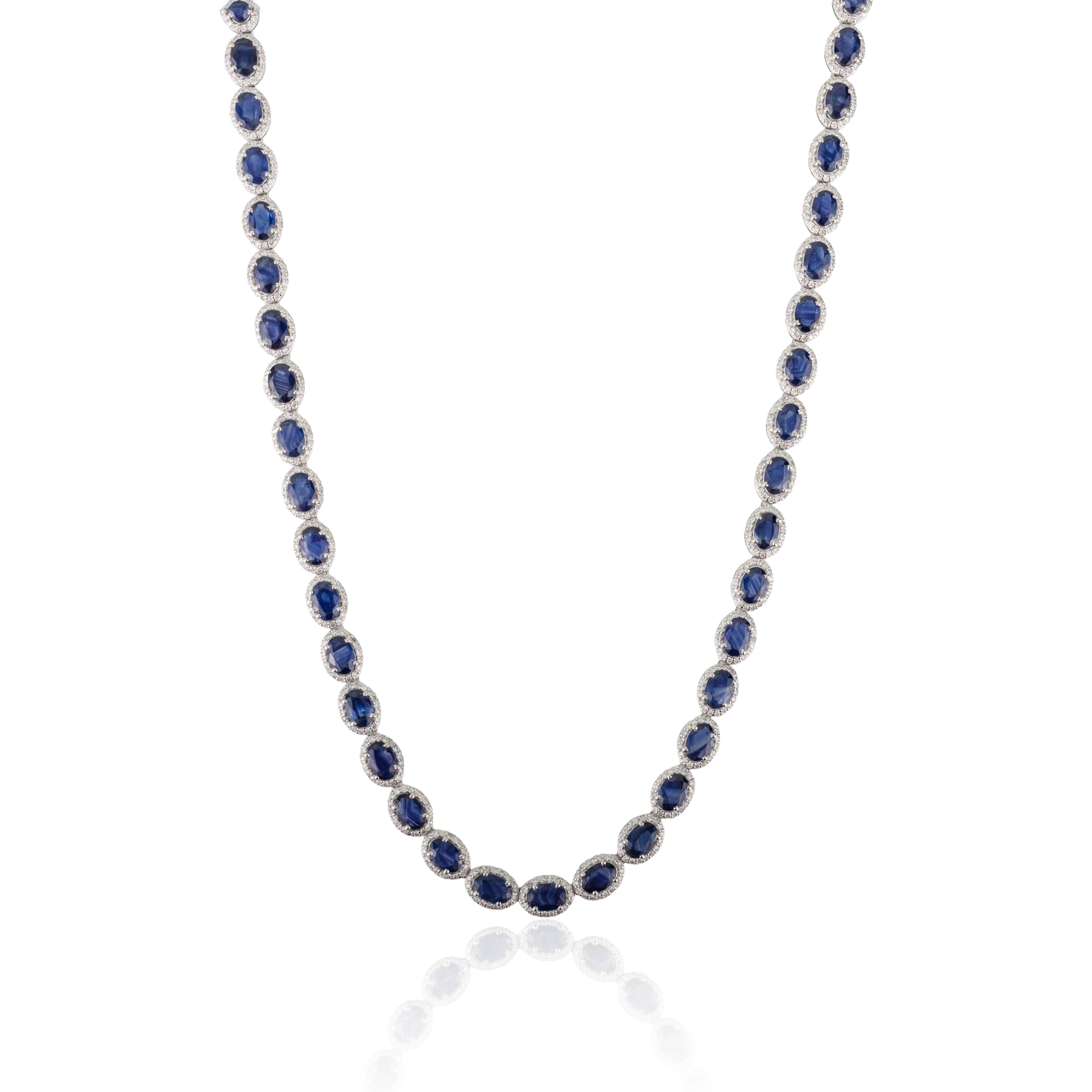 Certified 27.67Ct Blue Sapphire & 4.51Ct Diamond Tennis Necklace 14K White Gold For Sale