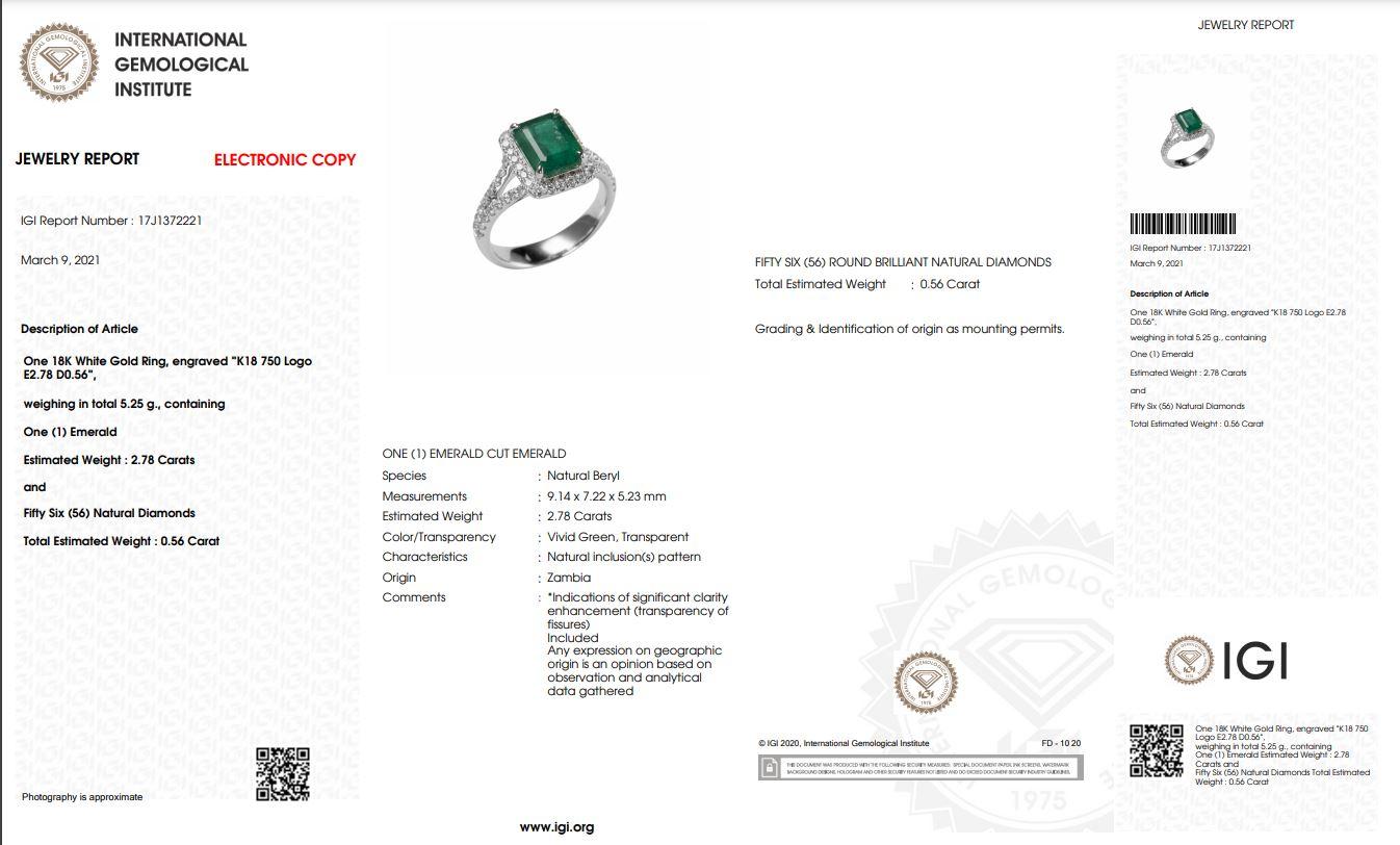 Art Nouveau Certified 2.78 Carat Vivid Green Emerald Set Along With 0.56 Carat Diamond 18K For Sale
