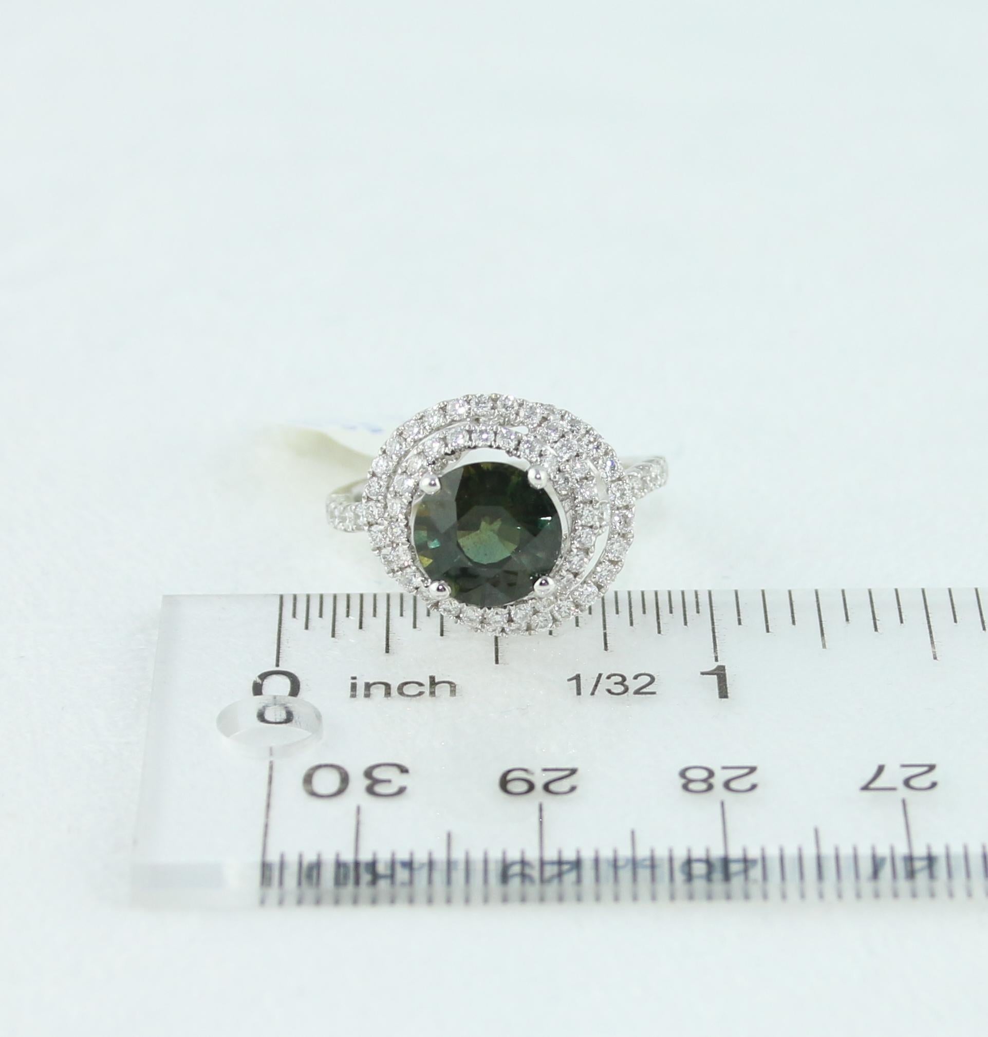 Certified 2.80 Carat No Heat Round Bluish Green Sapphire Diamond Gold Ring For Sale 2