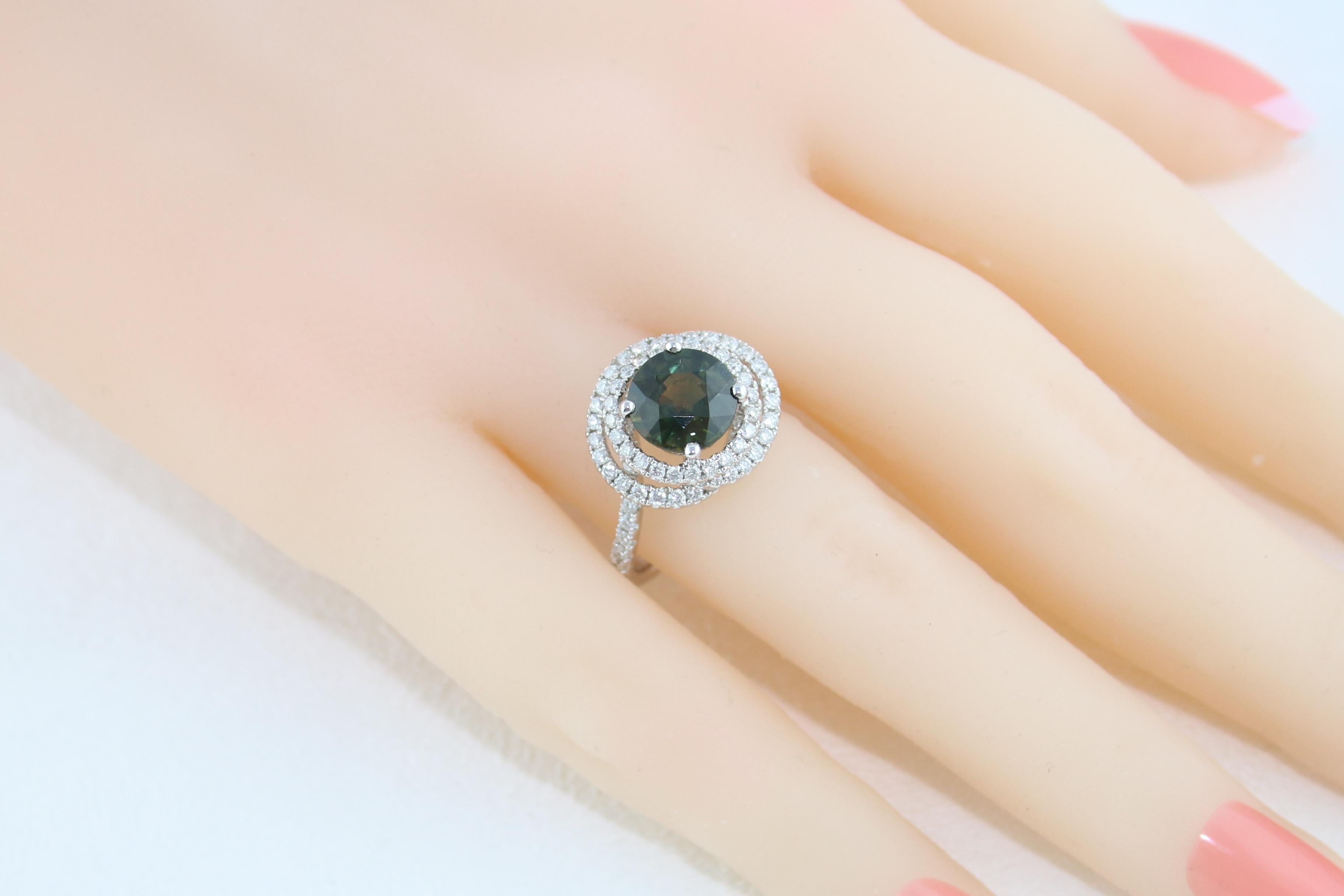 Bague en or avec diamant saphir vert bleuté rond certifié 2,80 carats sans chaleur en vente 2