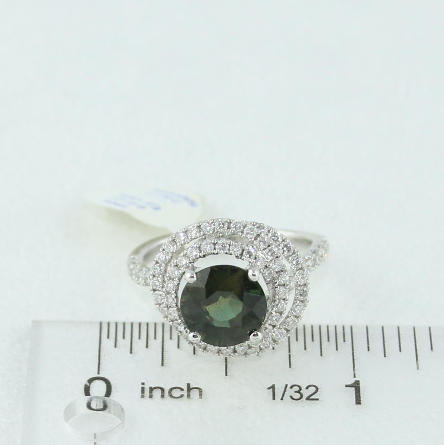 Certified 2.80 Carat No Heat Round Bluish Green Sapphire Diamond Gold Ring For Sale 1