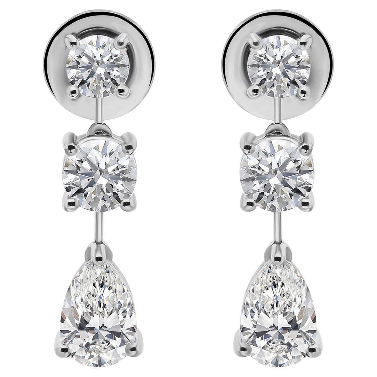 18k White Gold Certified 2.81 Carat Round & Pear Diamond Teardrop Earrings