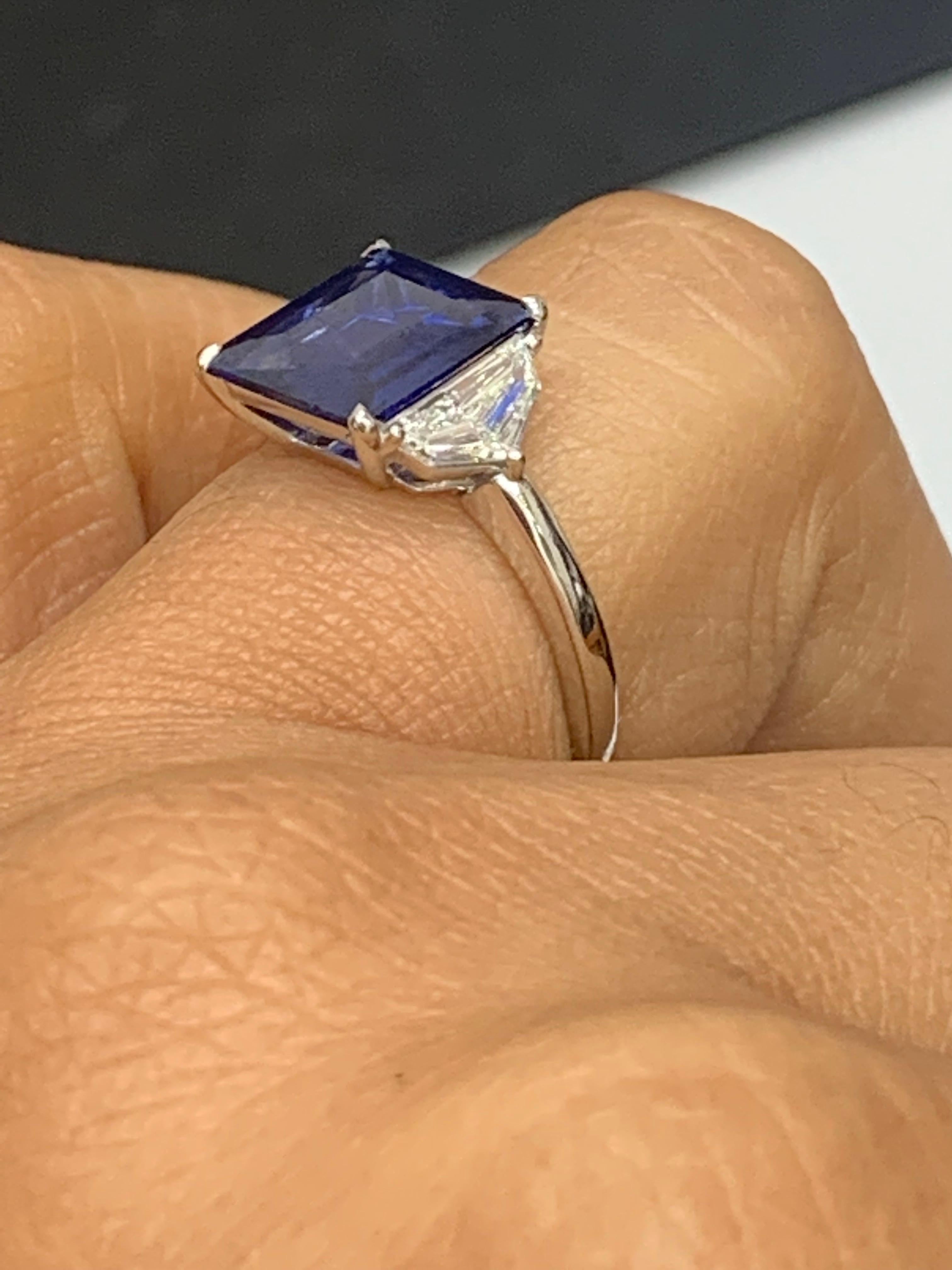 Modern Certified 2.84 Carat Emerald Cut Sapphire & Diamond Engagement Ring in Platinum For Sale