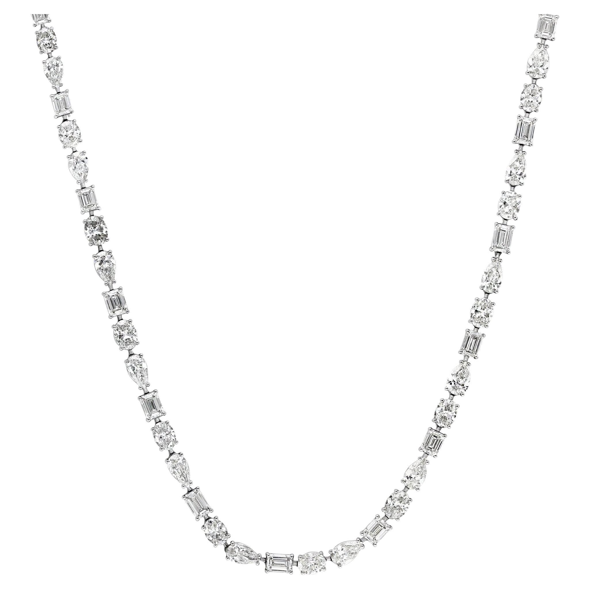 CERTIFIED 28.44 Carat Multi Shape Diamond Tennis Necklace in 18K White Gold