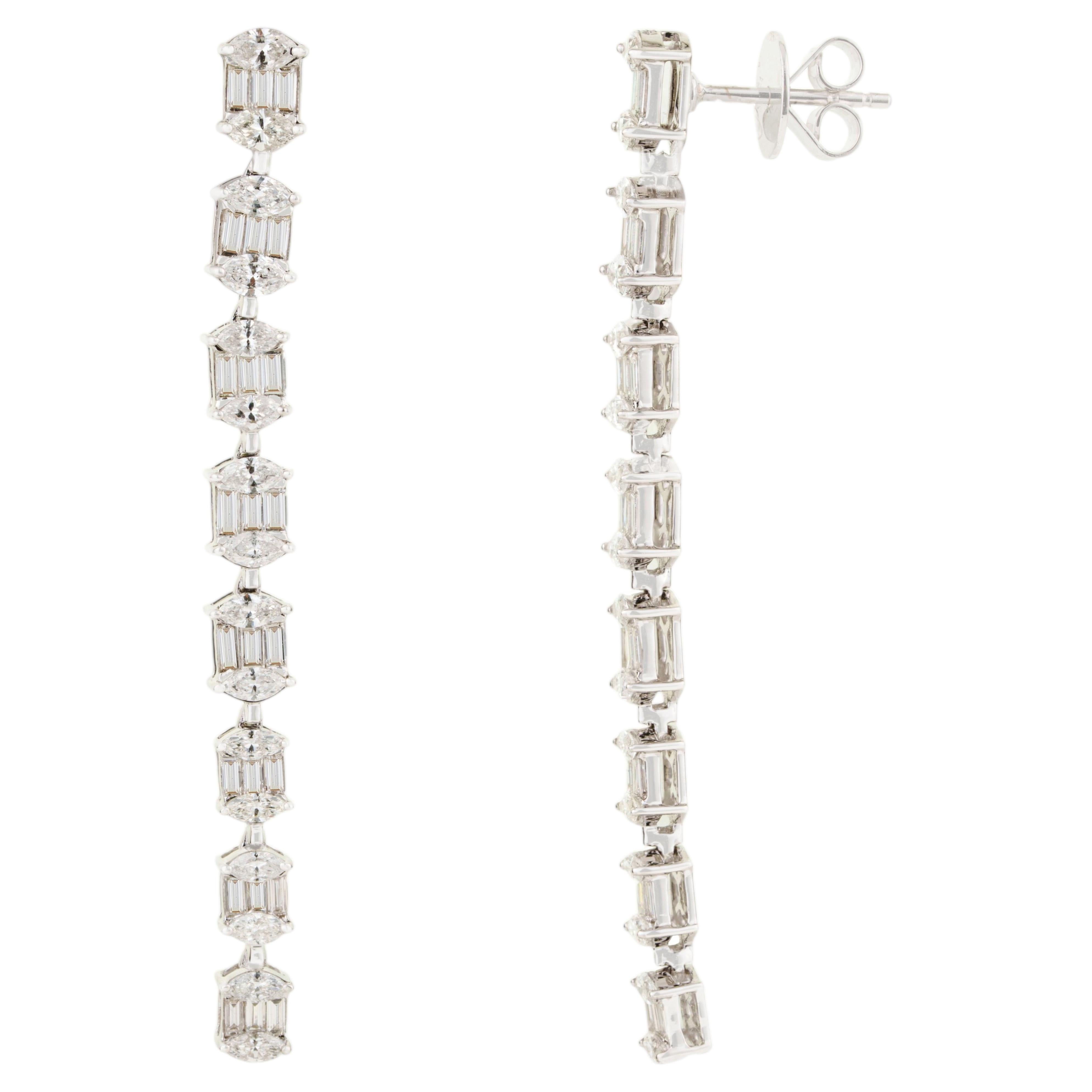 Certified 2.84ct Baguette & Marquise Diamond Linear Drop Earrings 14K White Gold