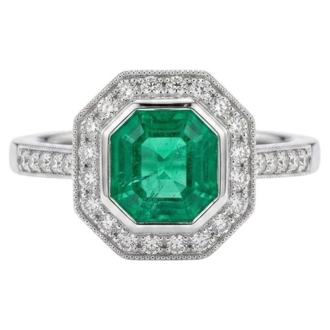 Certified 2.85ct No Treatment Colombian Emerald Diamond Platinum Halo Ring For Sale