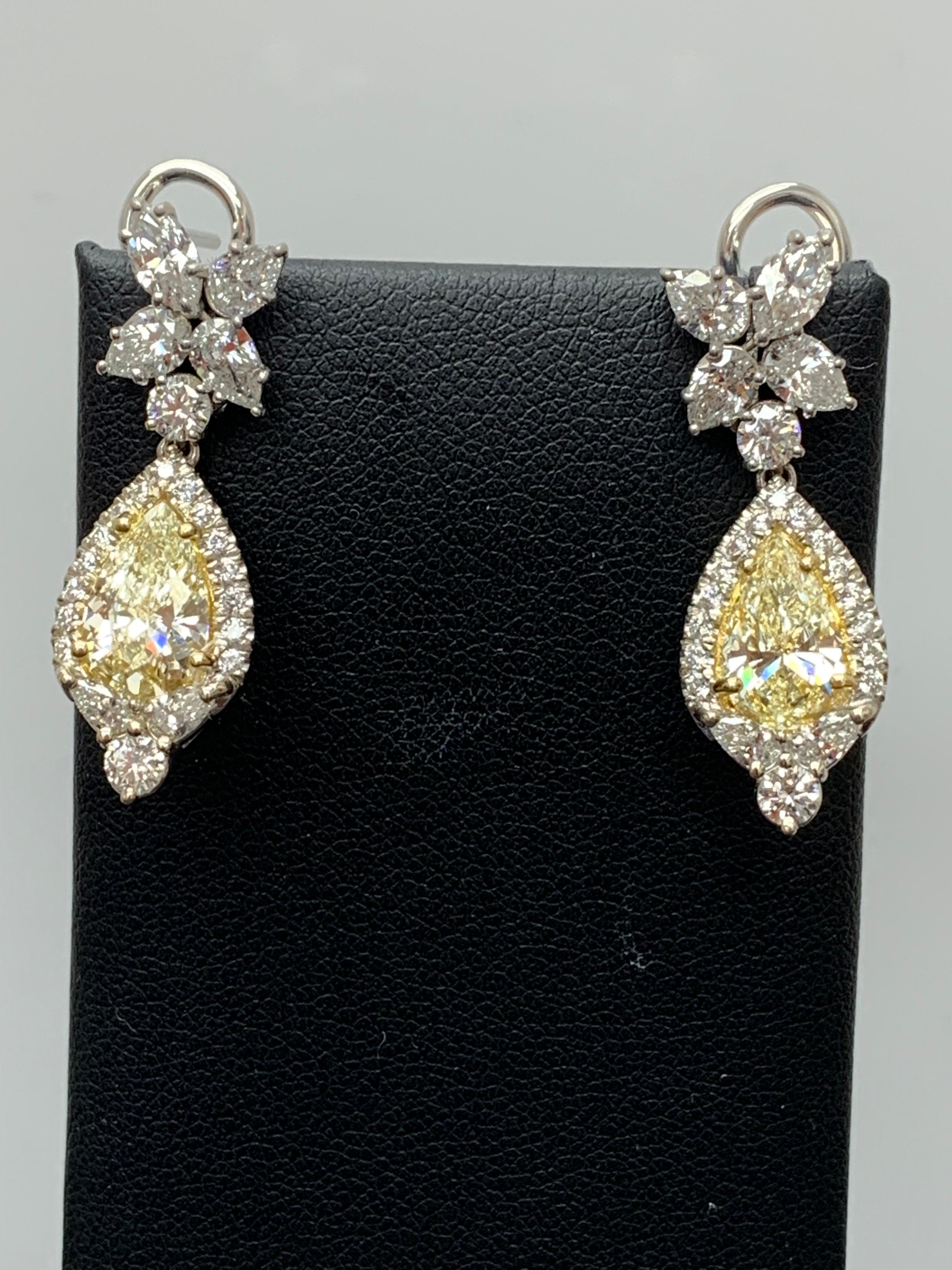 CERTIFIED 2.89 Carat Fancy Yellow Diamond Drop Earrings in 18K White Gold For Sale 2