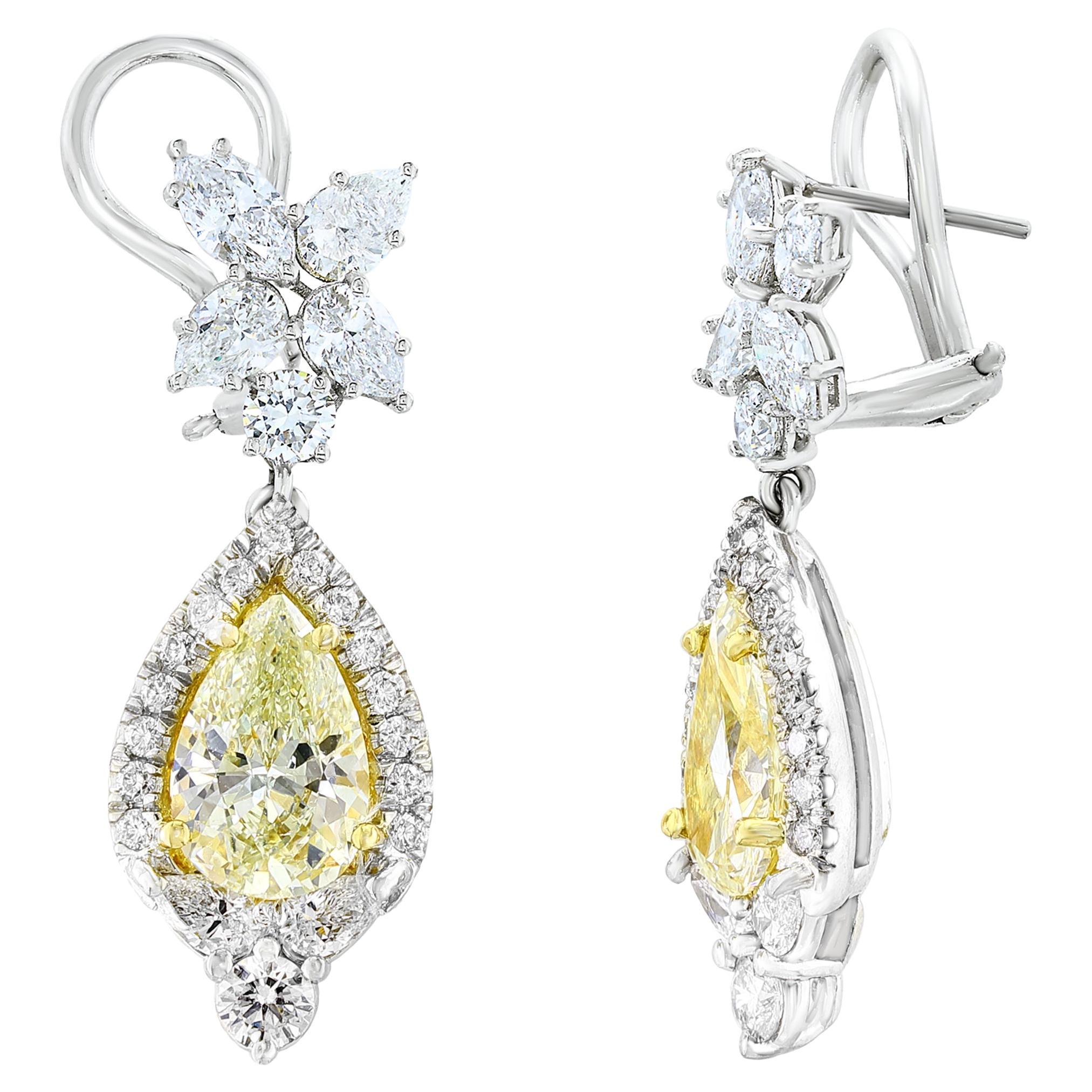 CERTIFIED 2.89 Carat Fancy Yellow Diamond Drop Earrings in 18K White Gold