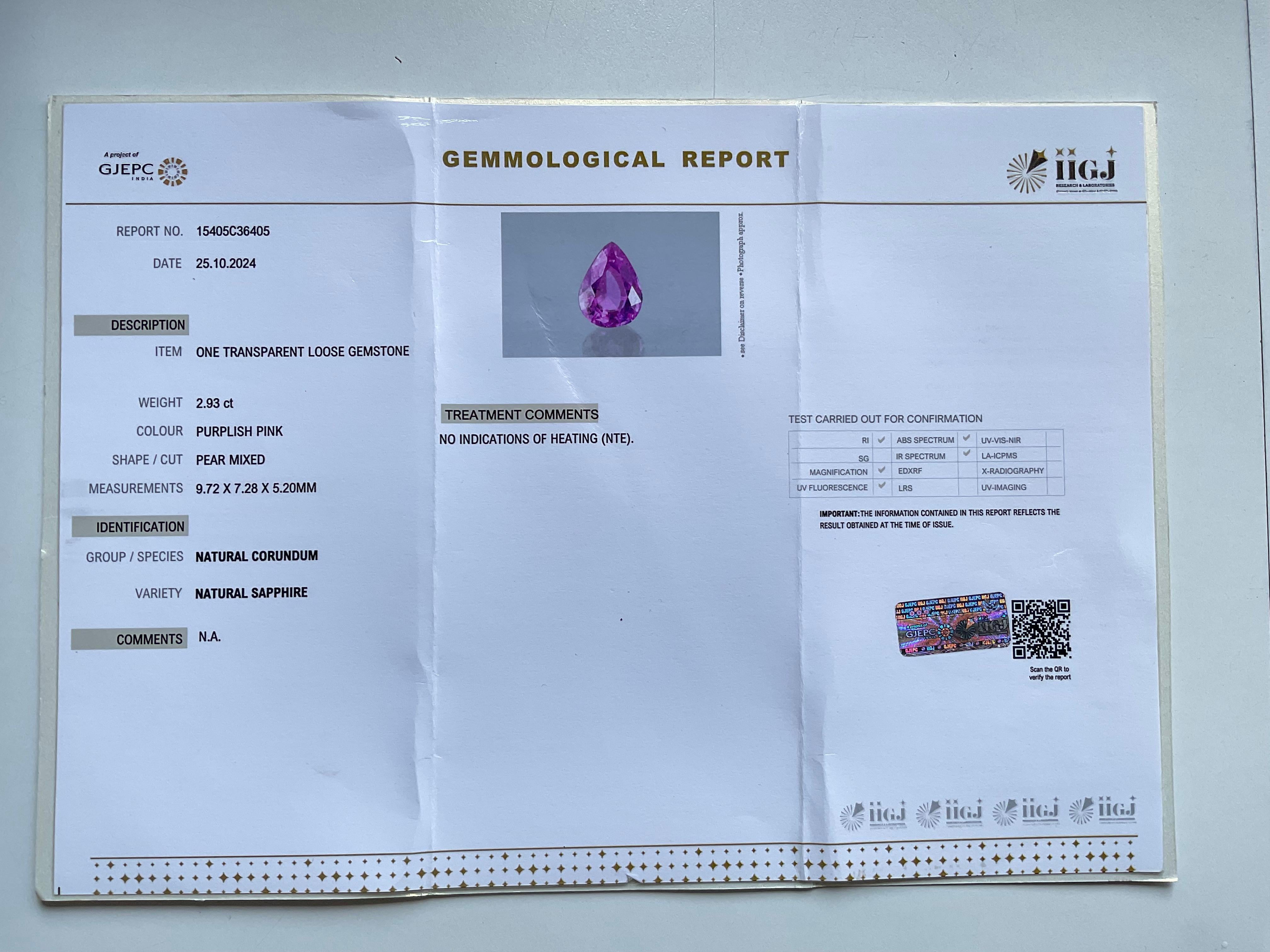 Certified 2.93 Carats Madagascar Purplish Pink Sapphire No-Heat Pear Natural Gem

Gemstone: Pink Sapphire
Shape: Pear
Carat weight: 2.93 Cartas
Size - 9.72x7.28x5.20 MM 
Quantity - 1 Piece