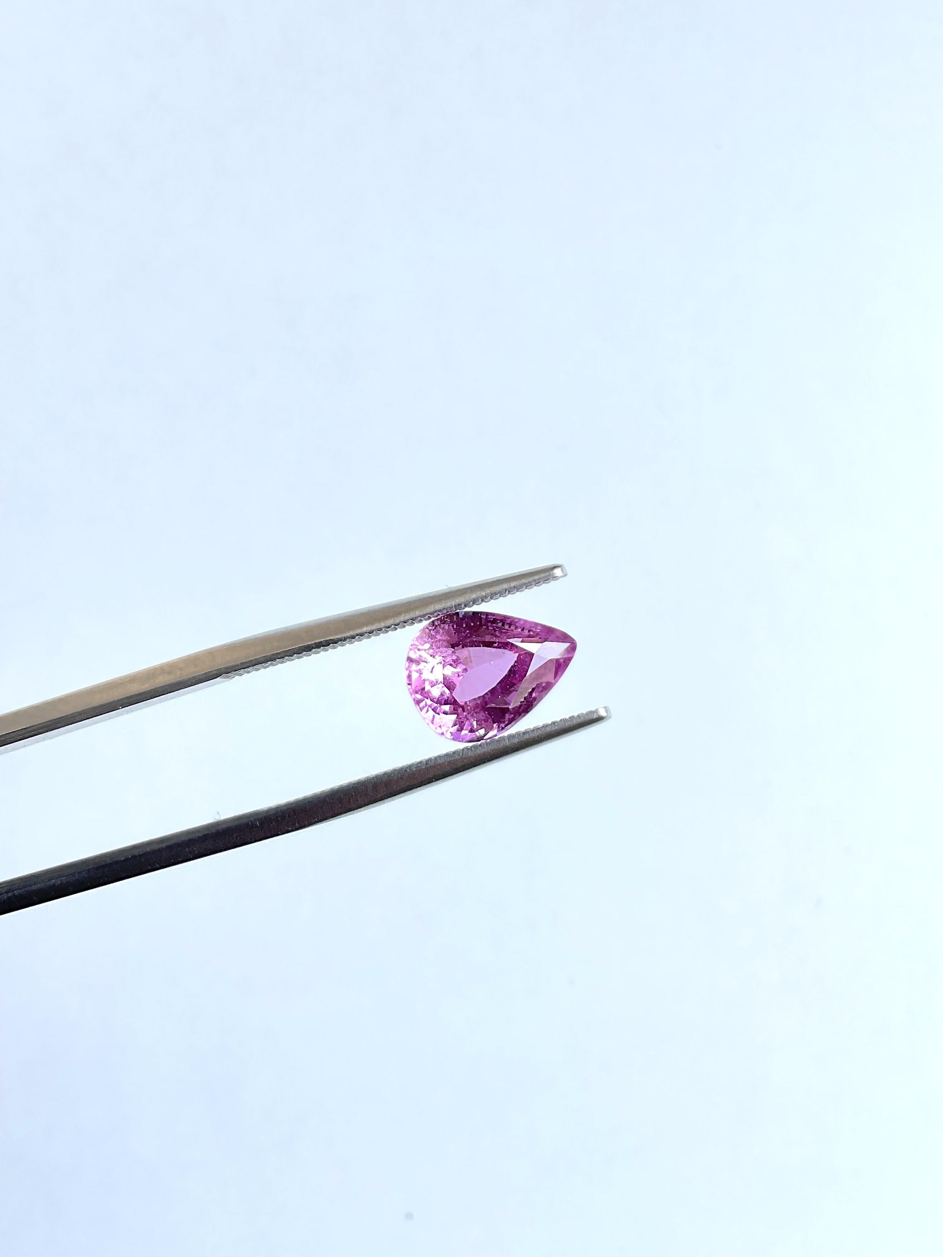 Women's or Men's Certified 2.93 Carats Madagascar Purplish Pink Sapphire No-Heat Pear Natural Gem