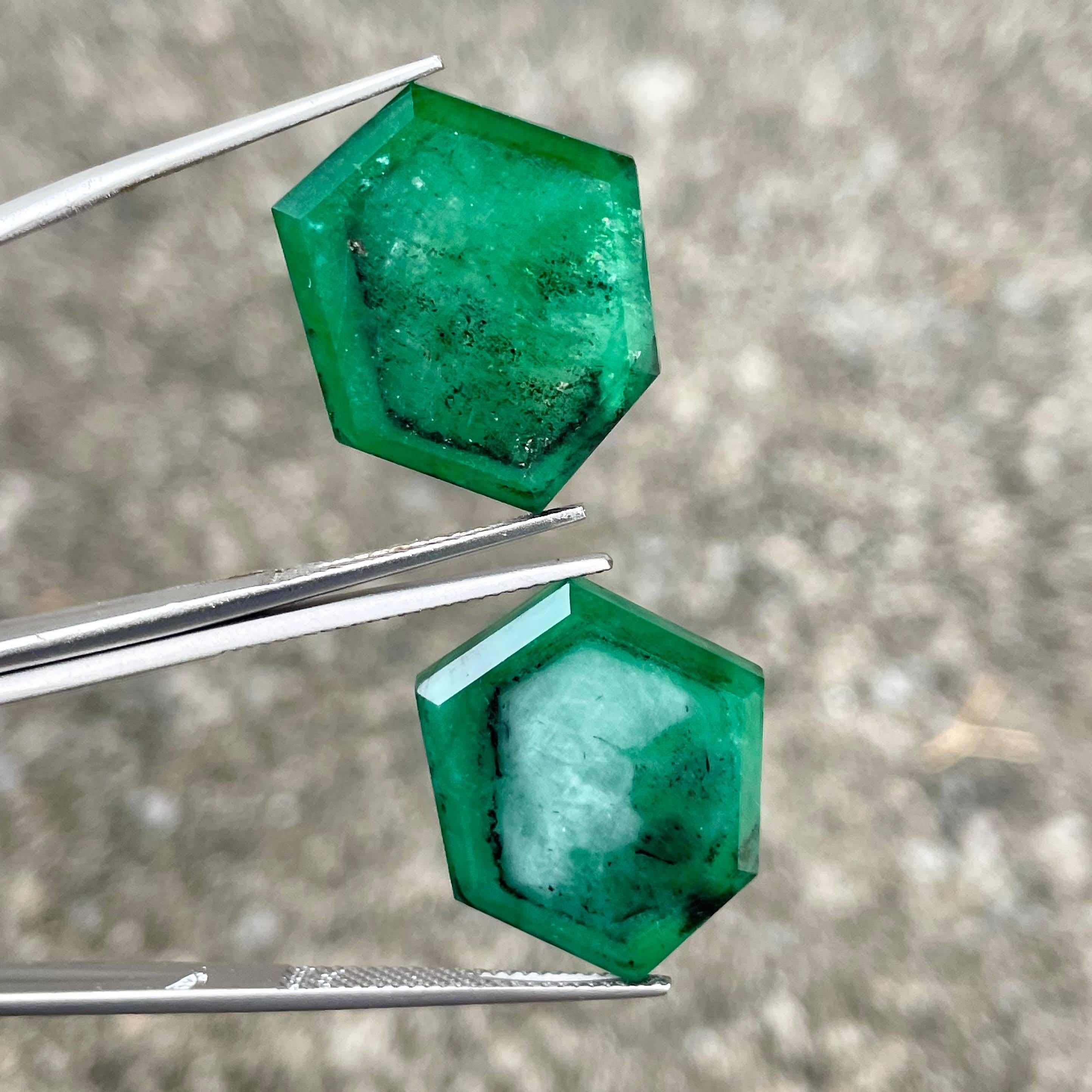 Taille hexagone Certifié 29.9 carats Swat Emerald Sliced Pair Natural Pakistani Gemstone en vente