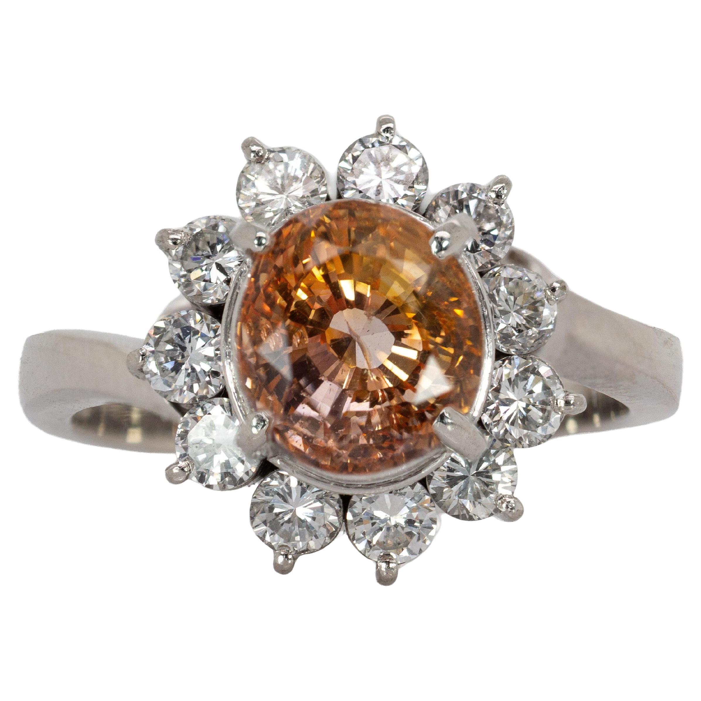 Anello certificato con zaffiro arancione da 2 carati e diamante naturale da 8x6 mm in oro massiccio 14 carati