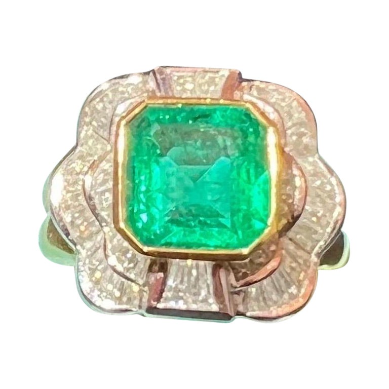 certified 3 Carat Columbian Emerald and diamond baguette For Sale