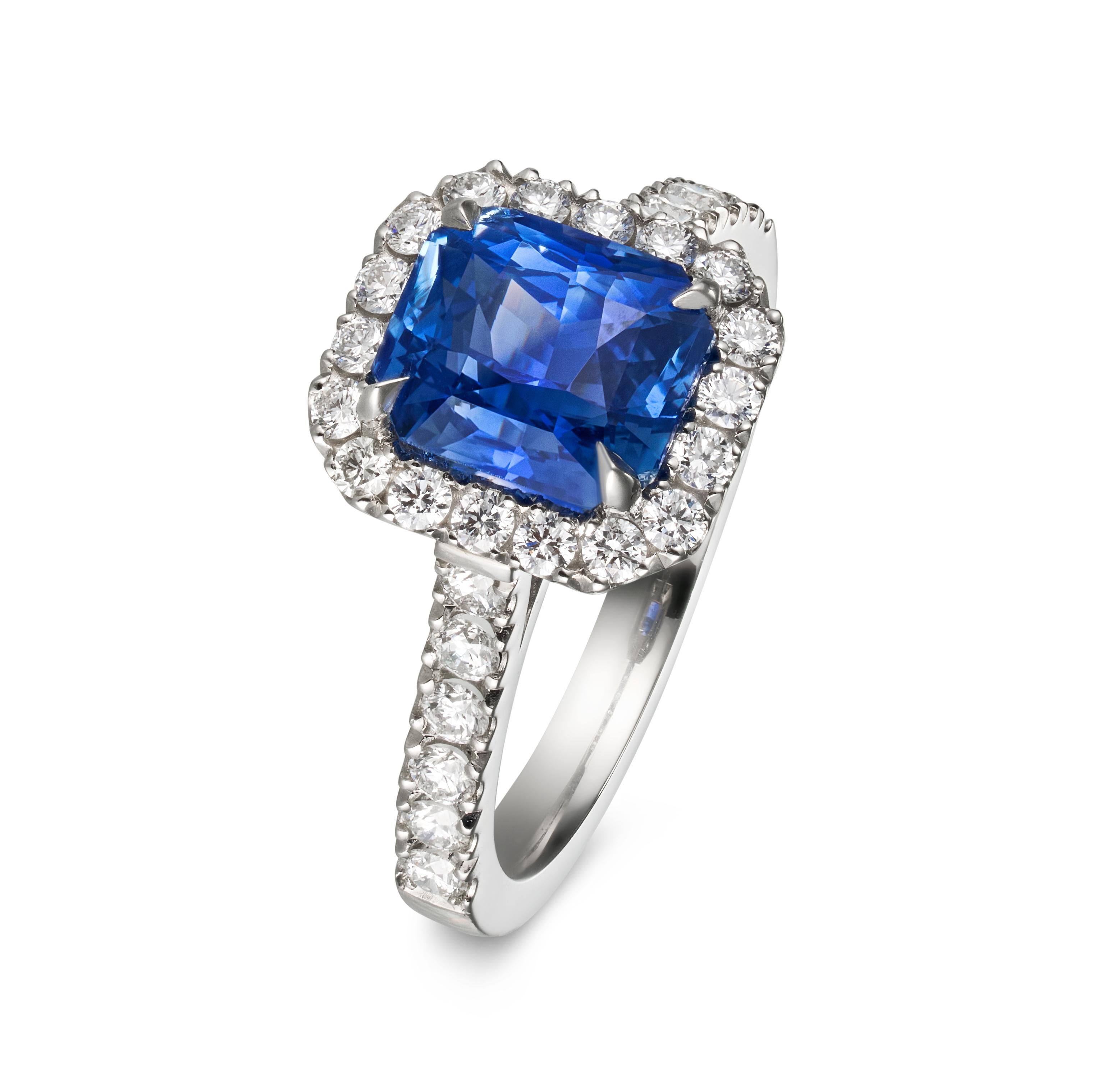 Gemstone: natural untreated, Ceylon Blue Sapphire
Colour: Cornflower blue
Weight of Sapphire : 3 carats 
Conflict free diamonds. Weight of diamonds: 0.68 carats
Metal: Platinum
Certificate: French Gem Lab (FGL) 

The purchase of this rare ring will