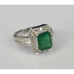 Certified 3 Carat Halo Emerald Diamond White Gold Engagement Ring, Band Ring
