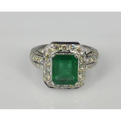 Certified 3 Carat Halo Emerald Diamond White Gold Engagement Ring, Band Ring