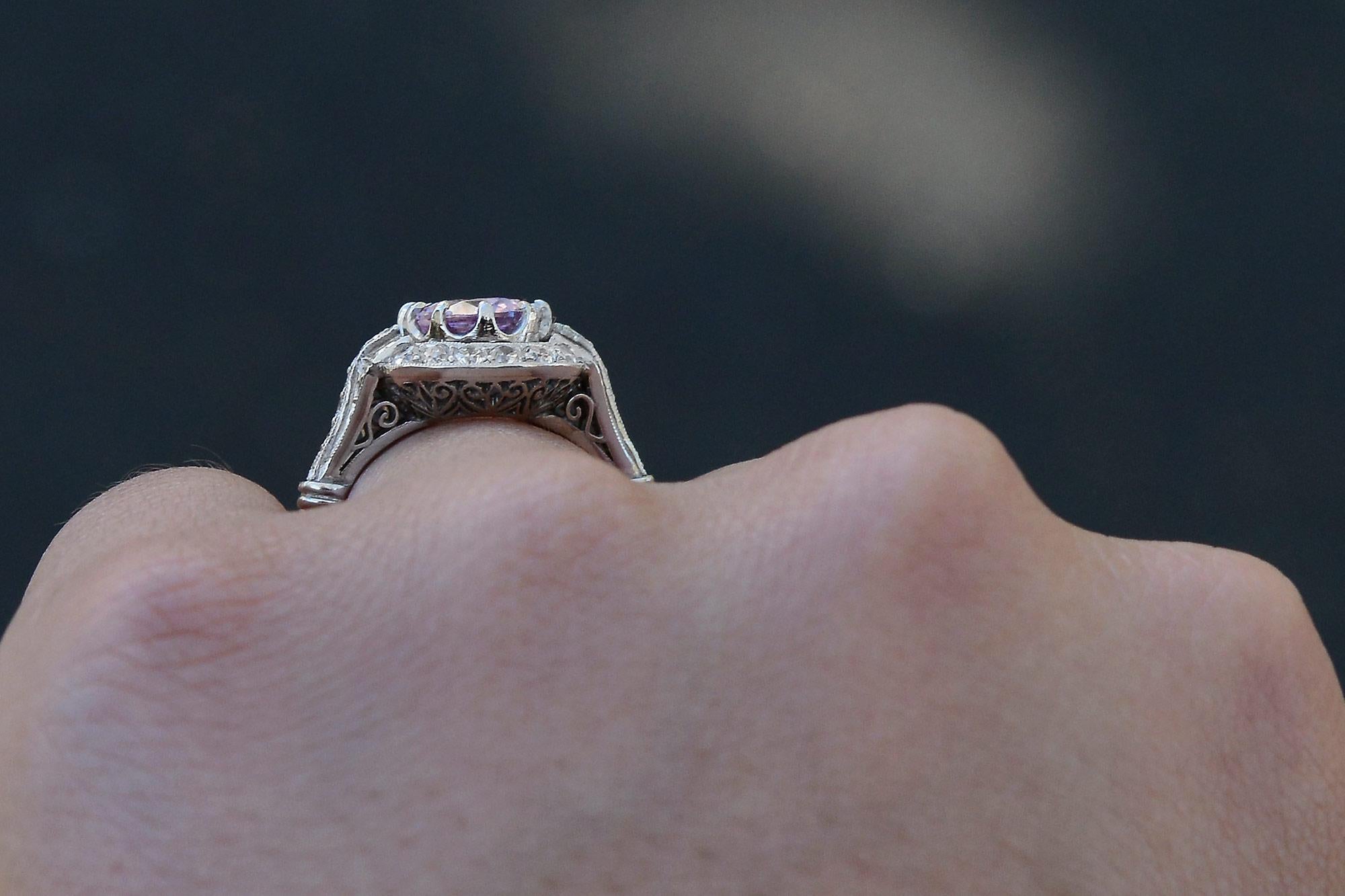 Art Deco Certified 3 Carat No Heat Padparadscha Sapphire Diamond Engagement Ring For Sale