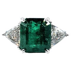 Certified 3 Carat Zambian Emerald Diamond White Gold Engagement Three-Stone Ring