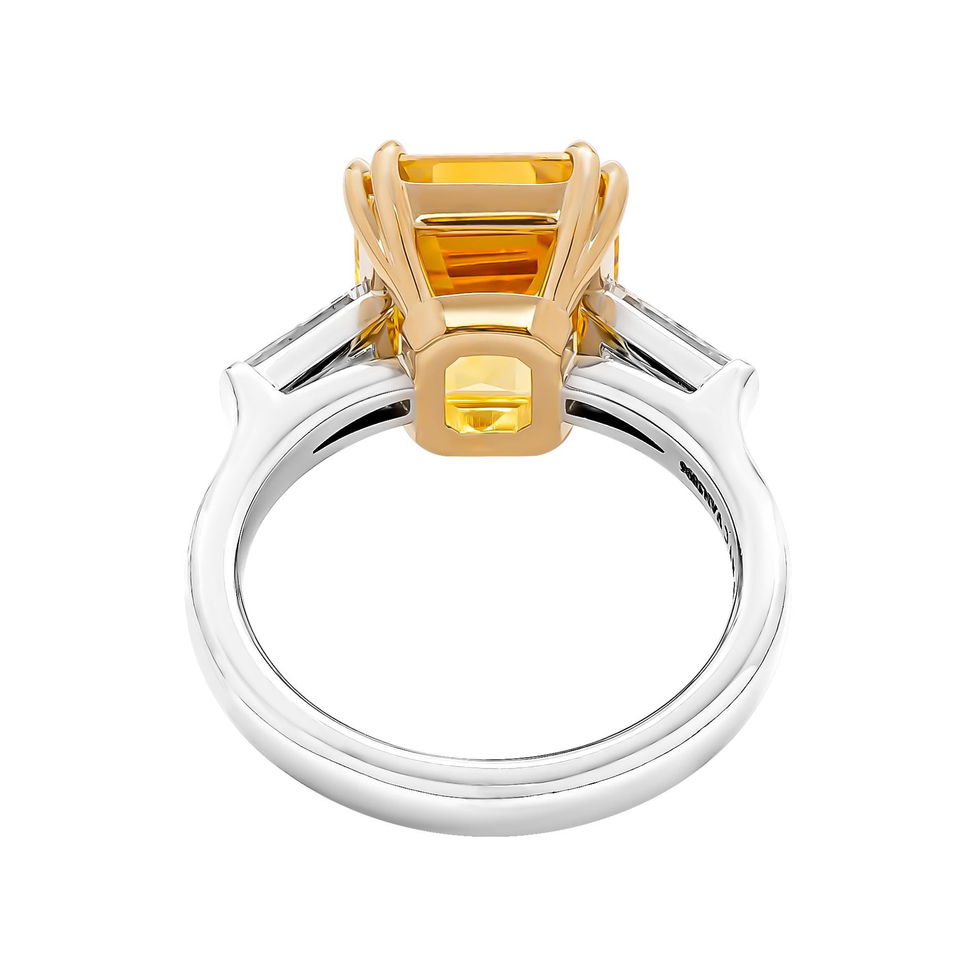 Modern Certified 3 Stone Ring with 7.04ct Vivid Yellow Emerald Cut Sapphire For Sale