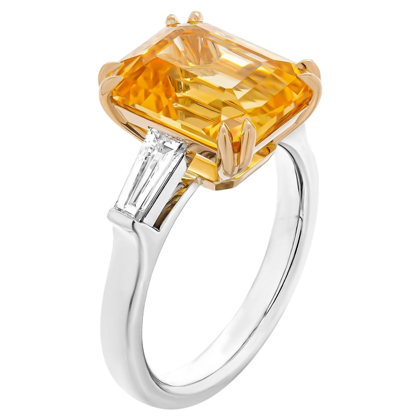Certified 3 Stone Ring with 7.04ct Vivid Yellow Emerald Cut Sapphire For Sale