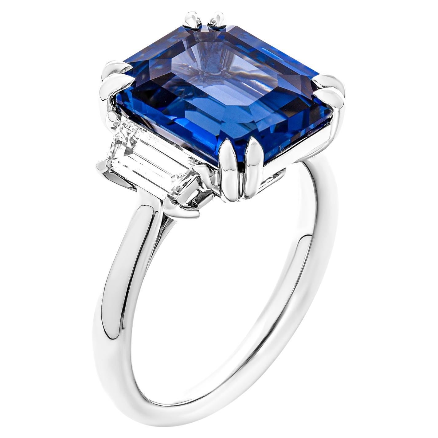 Certified 3 Stone Ring with 7.97ct Emerald Cut Blue Sapphire For Sale