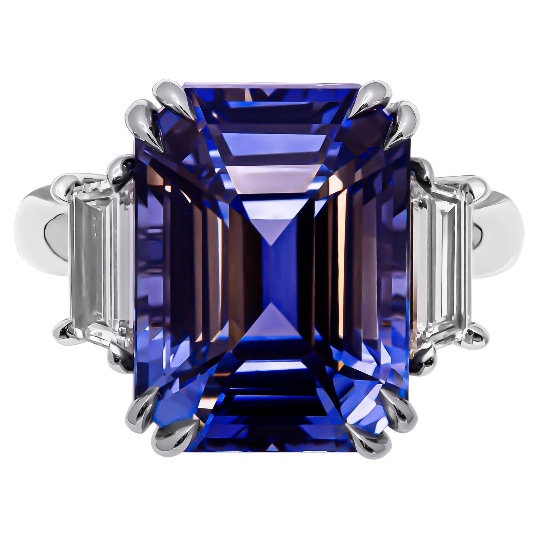 Certified 3 Stone Ring with Emerald cut Blue Sapphire