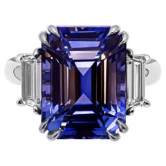 Used Certified 3 Stone Ring with Emerald cut Blue Sapphire