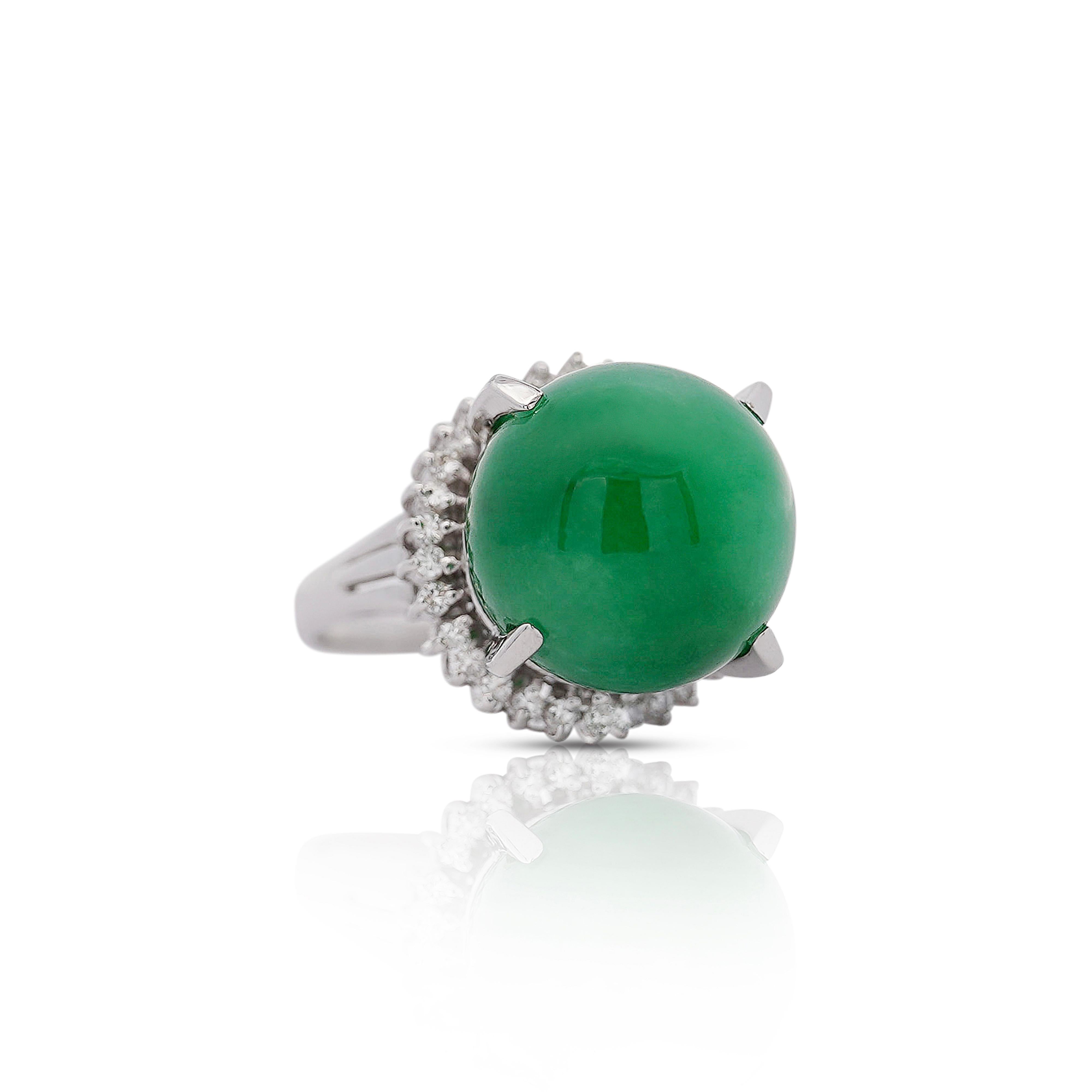 HKJ&S Certified Untreated 30 Carat Natural Cabochon Cut Jadeite Jade, Grade A, (Fei Cui) & Diamond Halo Setting Platinum Statement Ring in Size 6.75. Adjustable.

Details:
Item Type: Statement Ring
Metal: Platinum 900
Size: 6.75 (adjustable)
Weight: