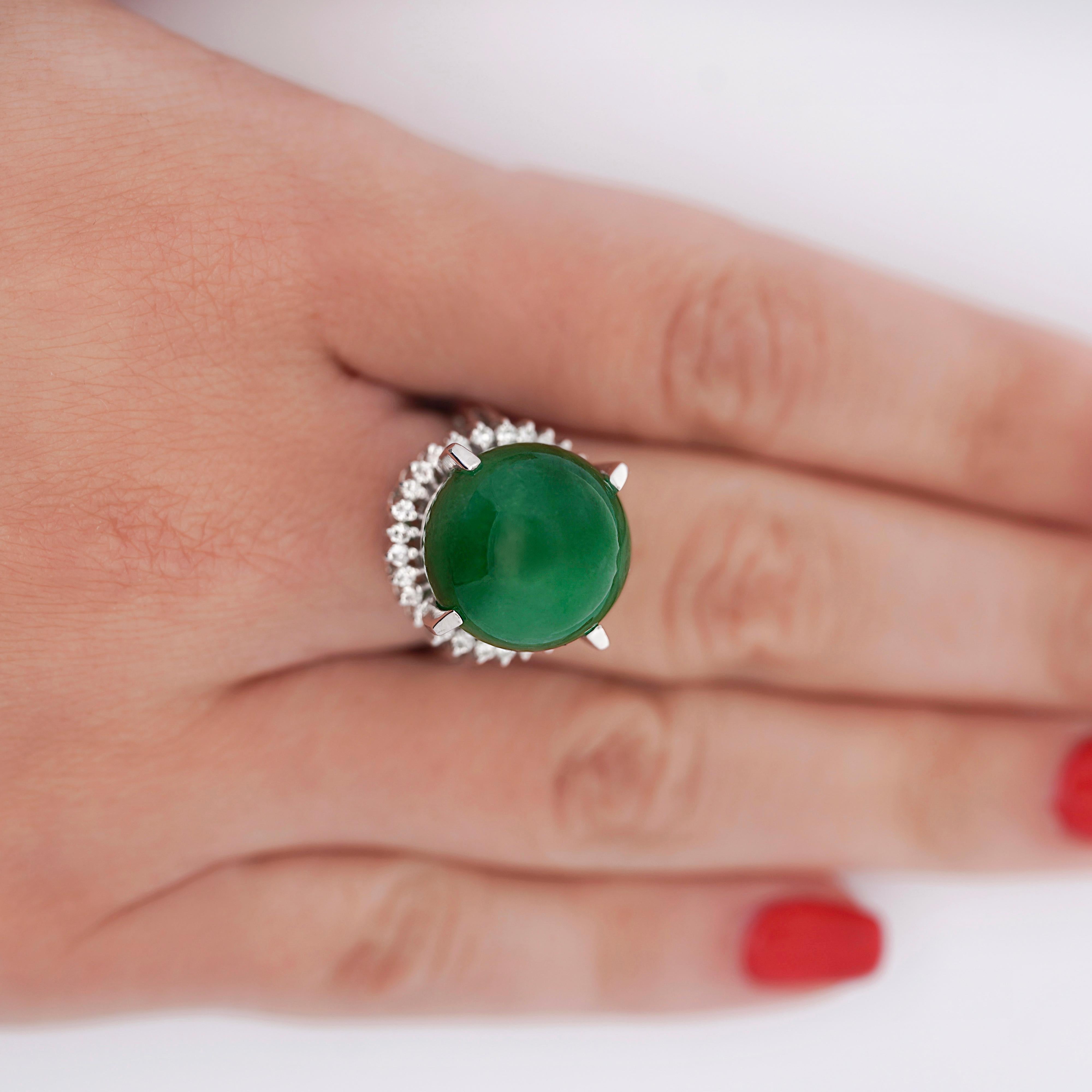 Cabochon Certified 30 Carat Untreated Jadeite Jade & Diamond Platinum Ring For Sale