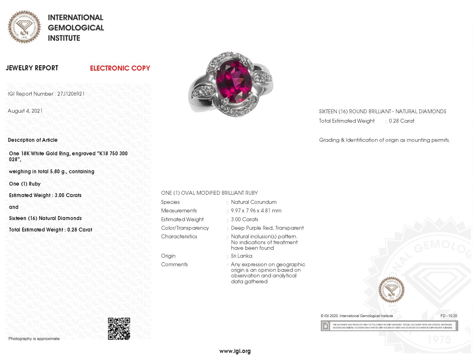 Certified 3.00 Carat No Heat Sri Lanka Ruby & Diamond Ring in 18K White Gold For Sale 3