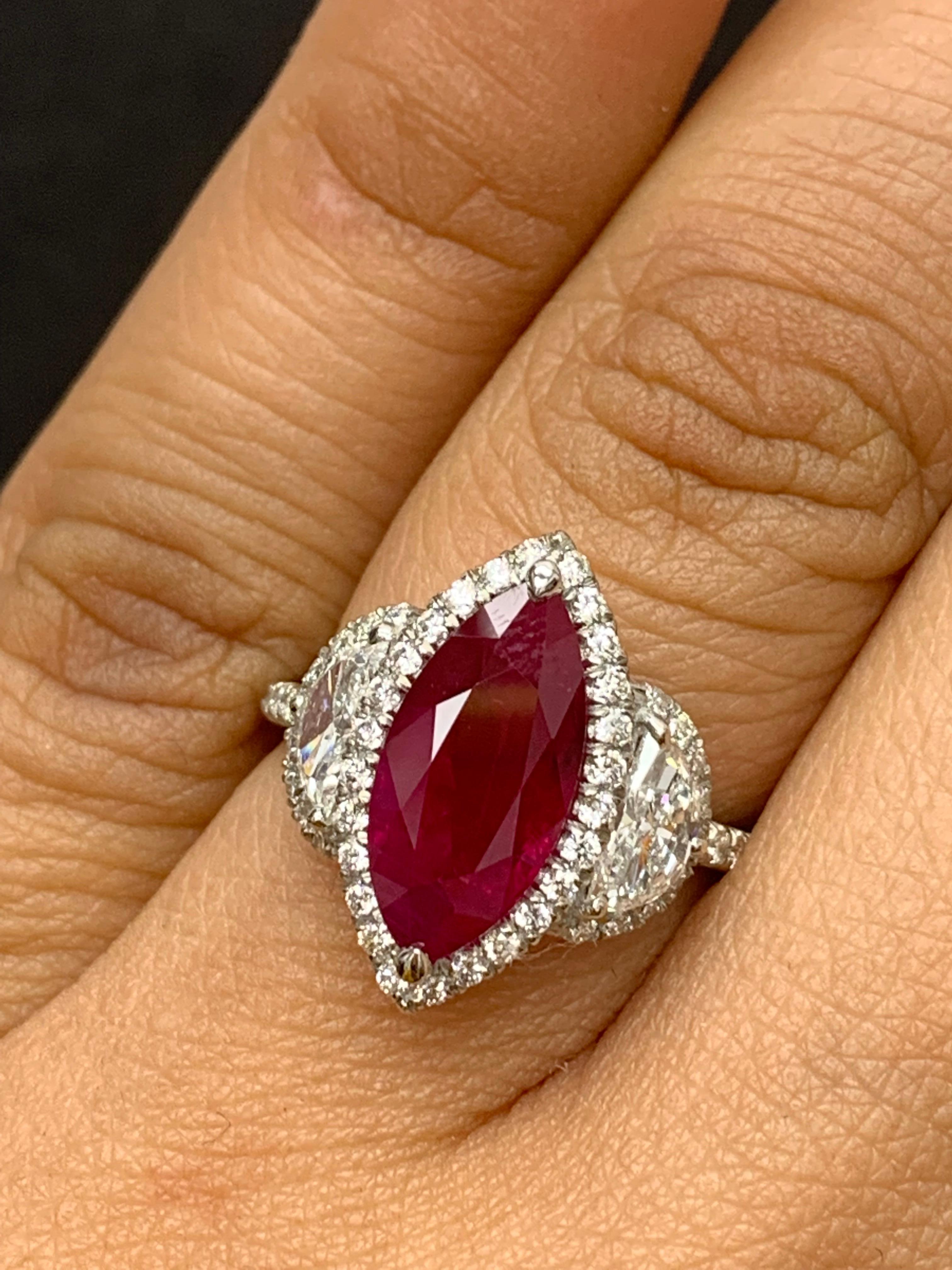 Certified 3.01 Carat Marquise Cut Burma Ruby Diamond 3 Stone Halo Ring Platinum For Sale 3
