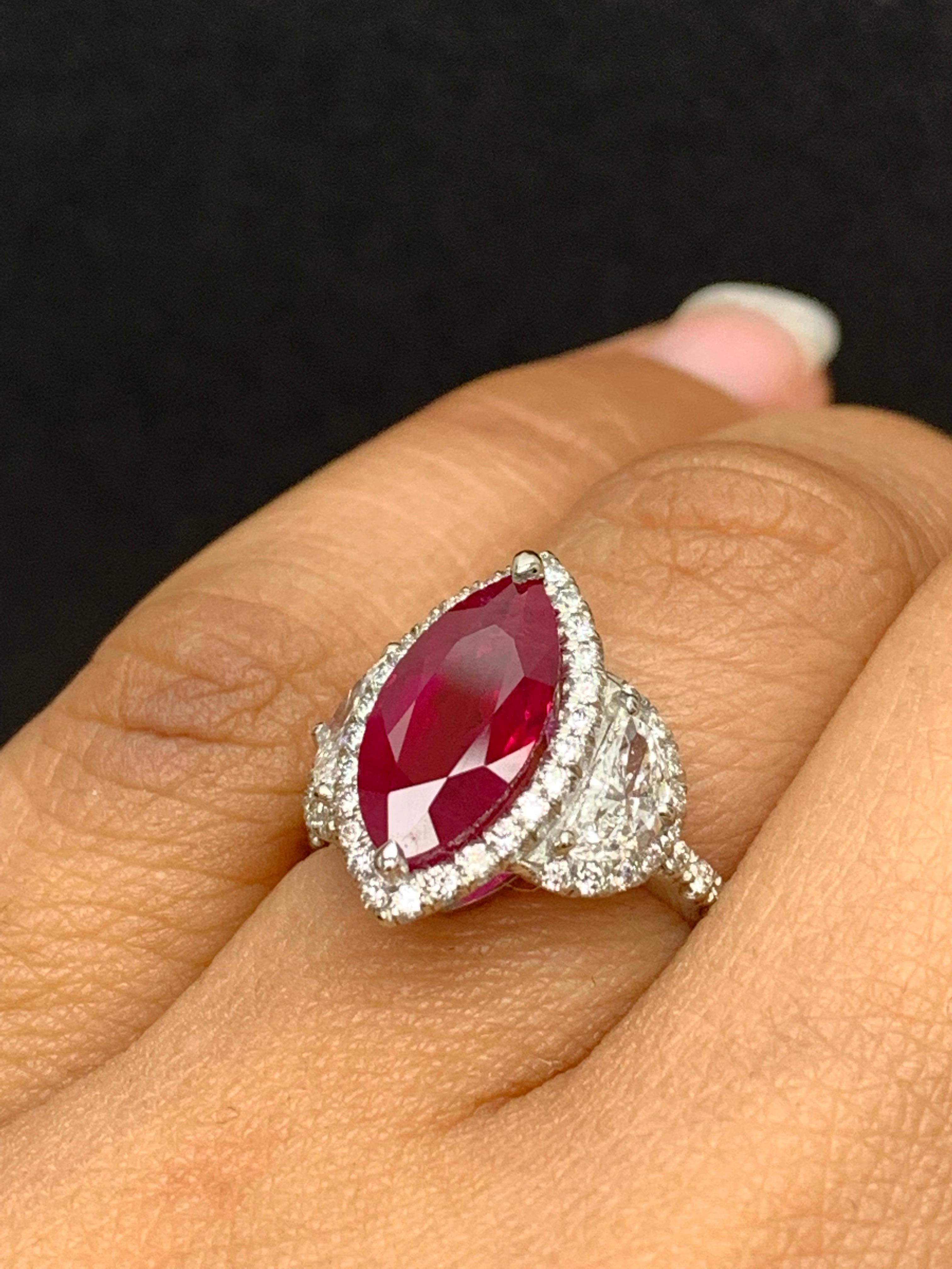 Certified 3.01 Carat Marquise Cut Burma Ruby Diamond 3 Stone Halo Ring Platinum For Sale 4