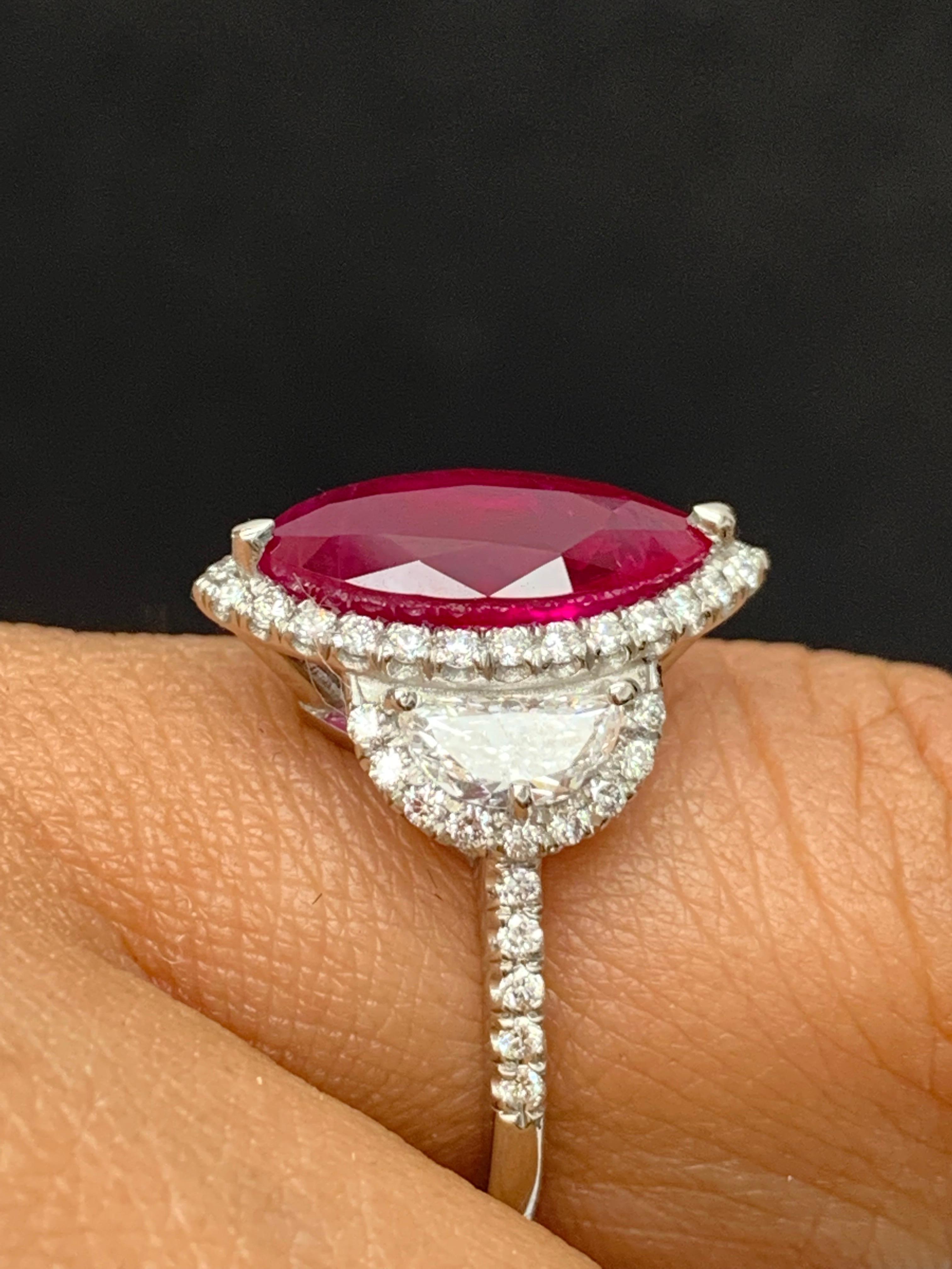 Certified 3.01 Carat Marquise Cut Burma Ruby Diamond 3 Stone Halo Ring Platinum For Sale 7