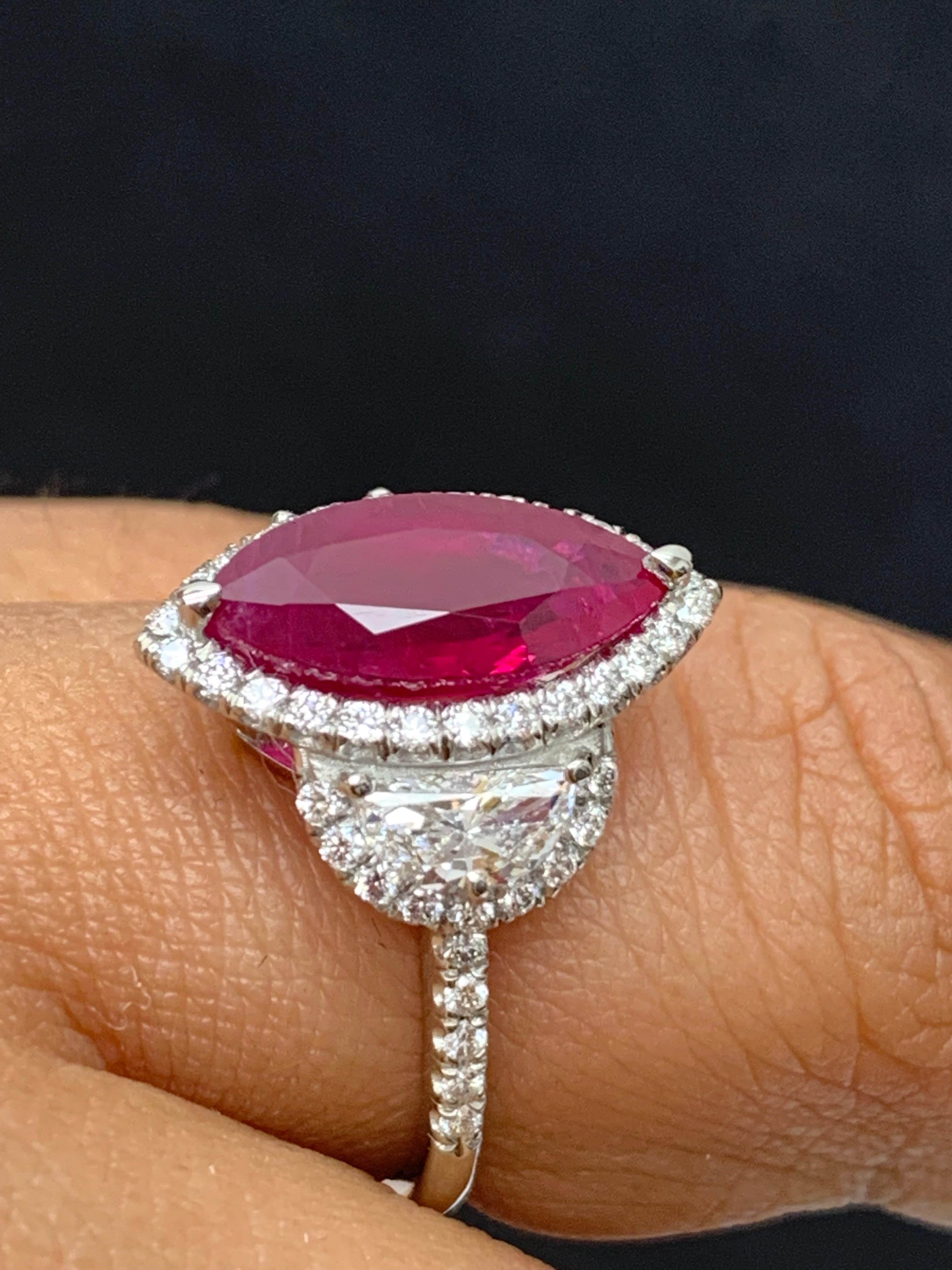 Certified 3.01 Carat Marquise Cut Burma Ruby Diamond 3 Stone Halo Ring Platinum For Sale 8
