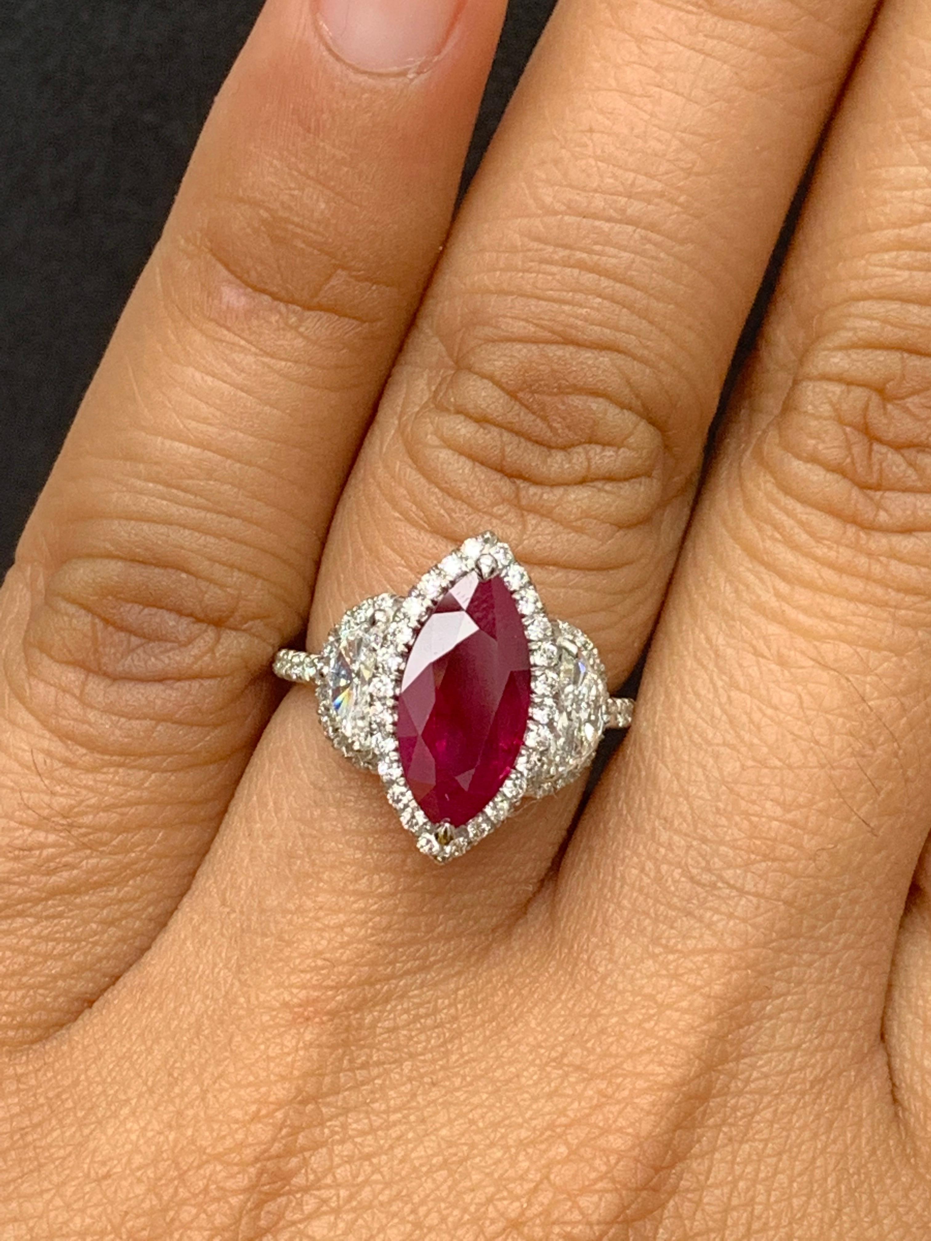 Certified 3.01 Carat Marquise Cut Burma Ruby Diamond 3 Stone Halo Ring Platinum For Sale 9