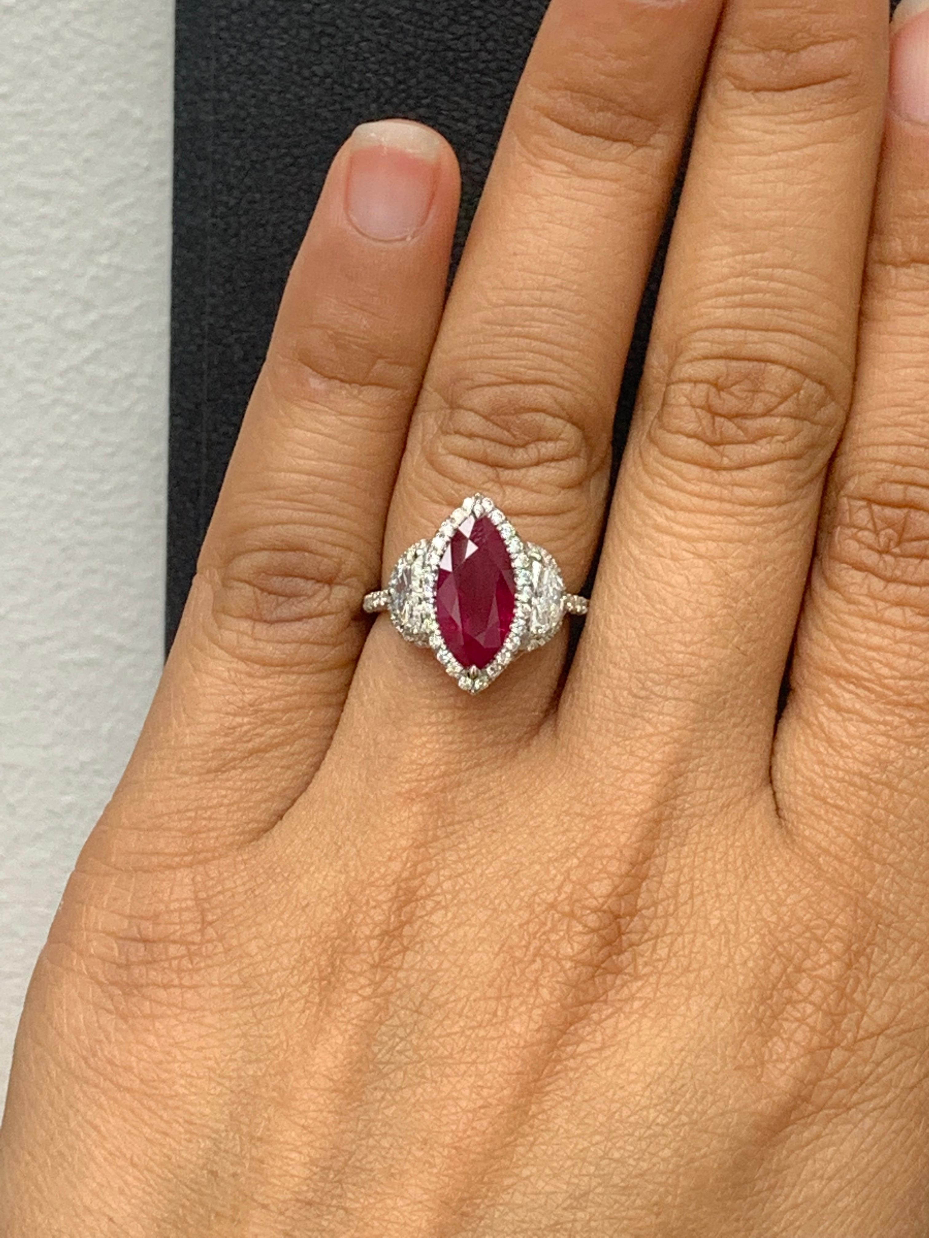 Certified 3.01 Carat Marquise Cut Burma Ruby Diamond 3 Stone Halo Ring Platinum For Sale 11