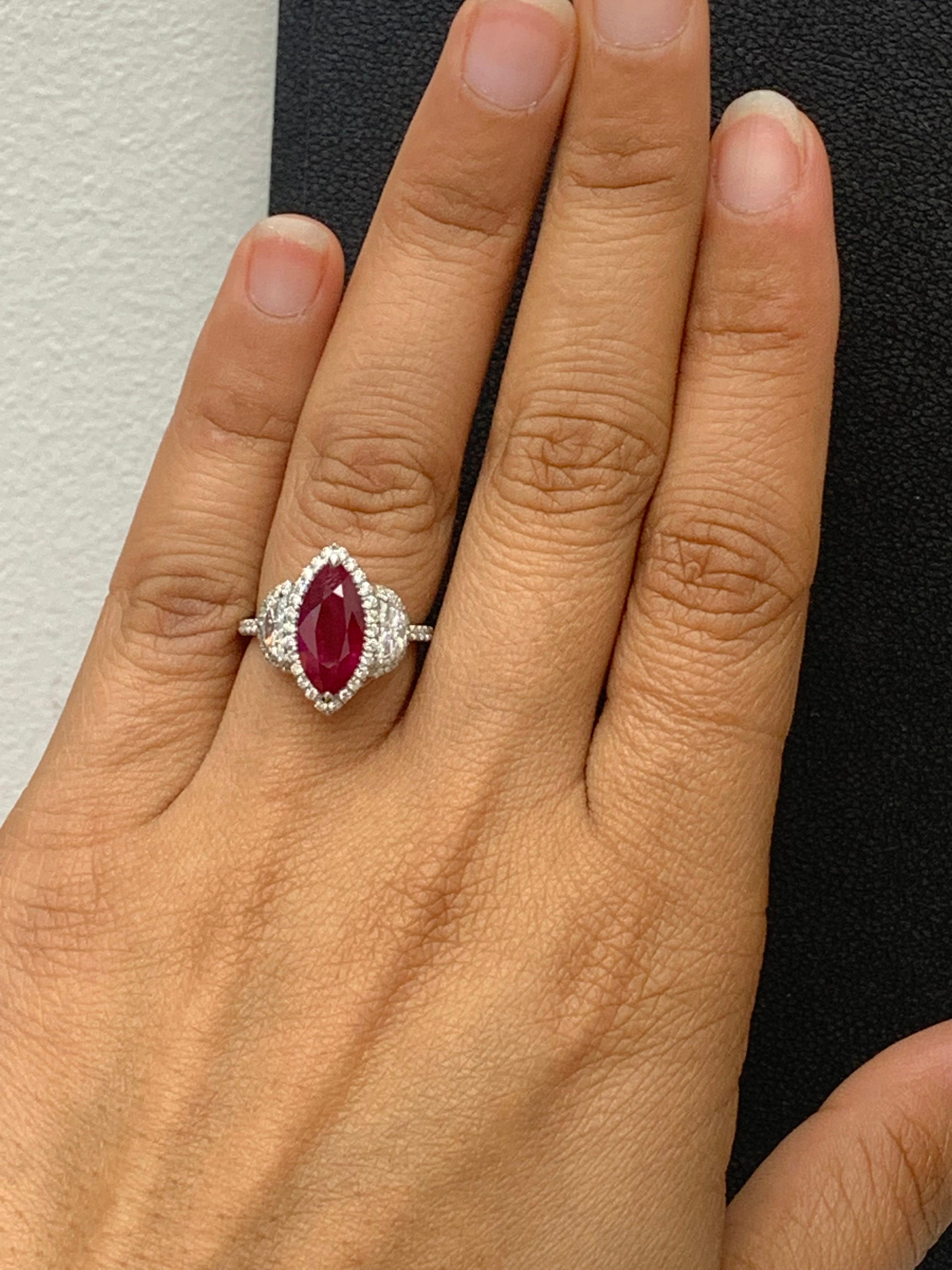 Certified 3.01 Carat Marquise Cut Burma Ruby Diamond 3 Stone Halo Ring Platinum For Sale 12