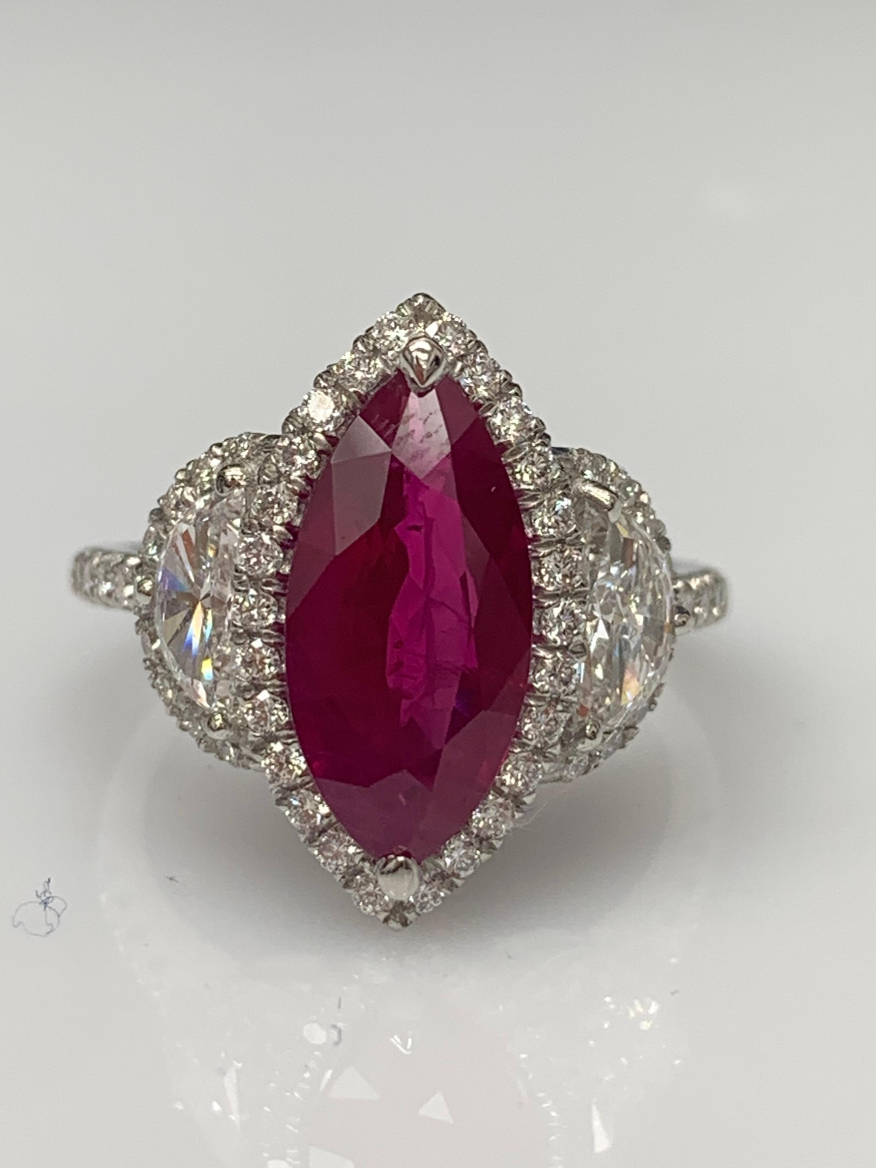 Certified 3.01 Carat Marquise Cut Burma Ruby Diamond 3 Stone Halo Ring Platinum In New Condition For Sale In NEW YORK, NY
