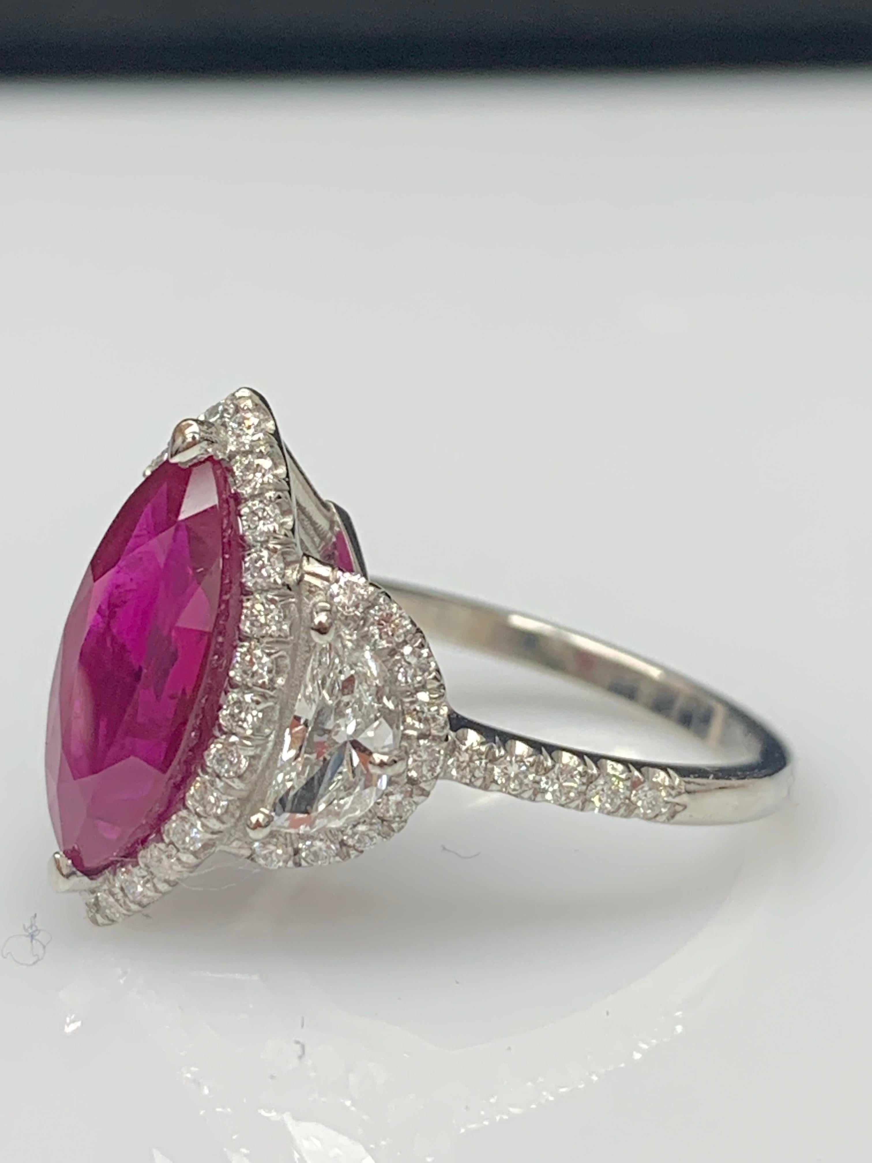 Women's Certified 3.01 Carat Marquise Cut Burma Ruby Diamond 3 Stone Halo Ring Platinum For Sale