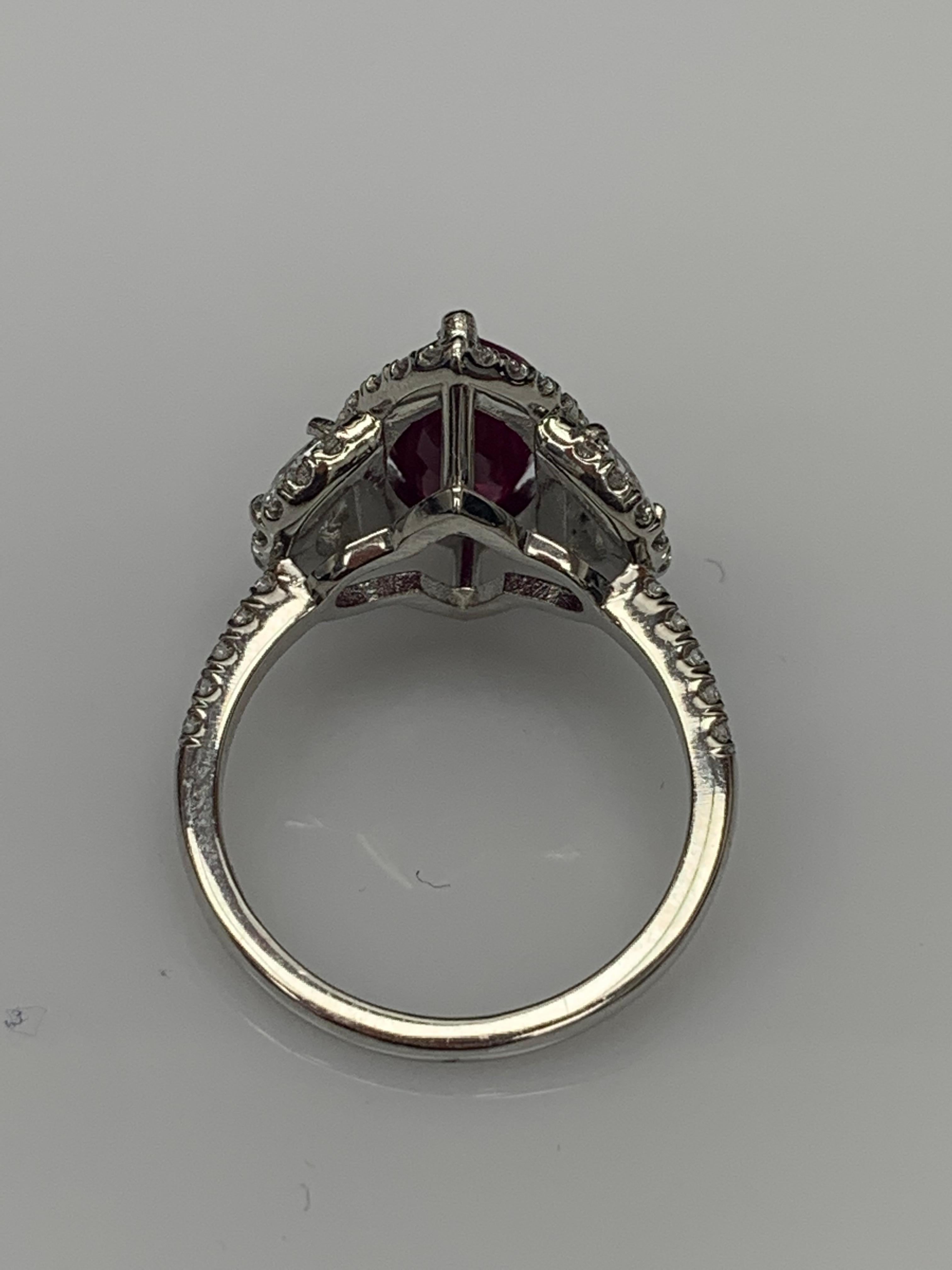 Certified 3.01 Carat Marquise Cut Burma Ruby Diamond 3 Stone Halo Ring Platinum For Sale 2