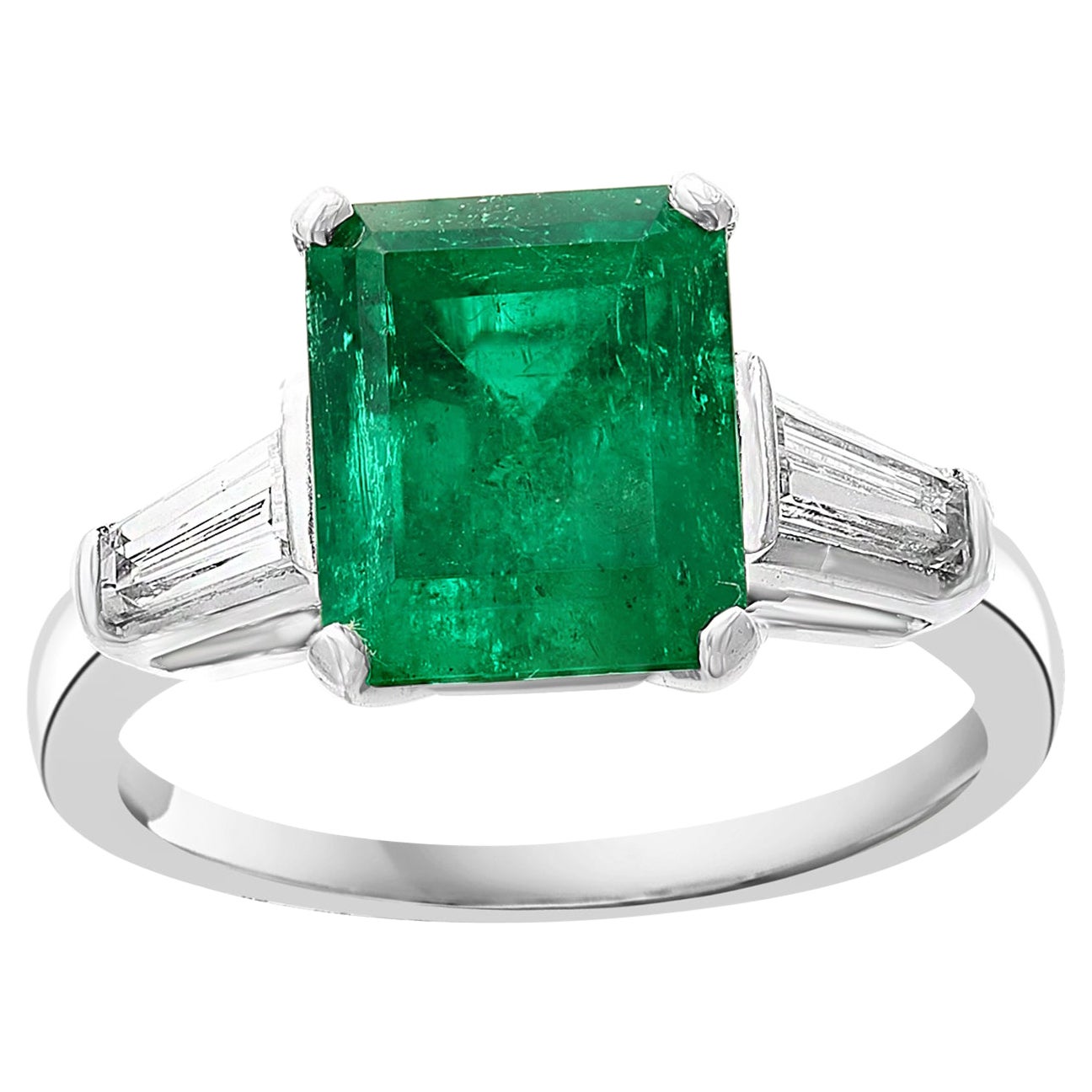 Certified 3.04 Carat Emerald Cut Columbian Emerald Diamond Ring For Sale