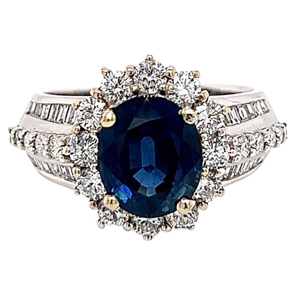 Certified 3.05 Carat Halo Blue Sapphire & 1.3 Ct Diamond Antique Engagement Ring For Sale