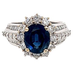 Certified 3.05 Carat Halo Blue Sapphire & 1.3 Ct Diamond Antique Engagement Ring
