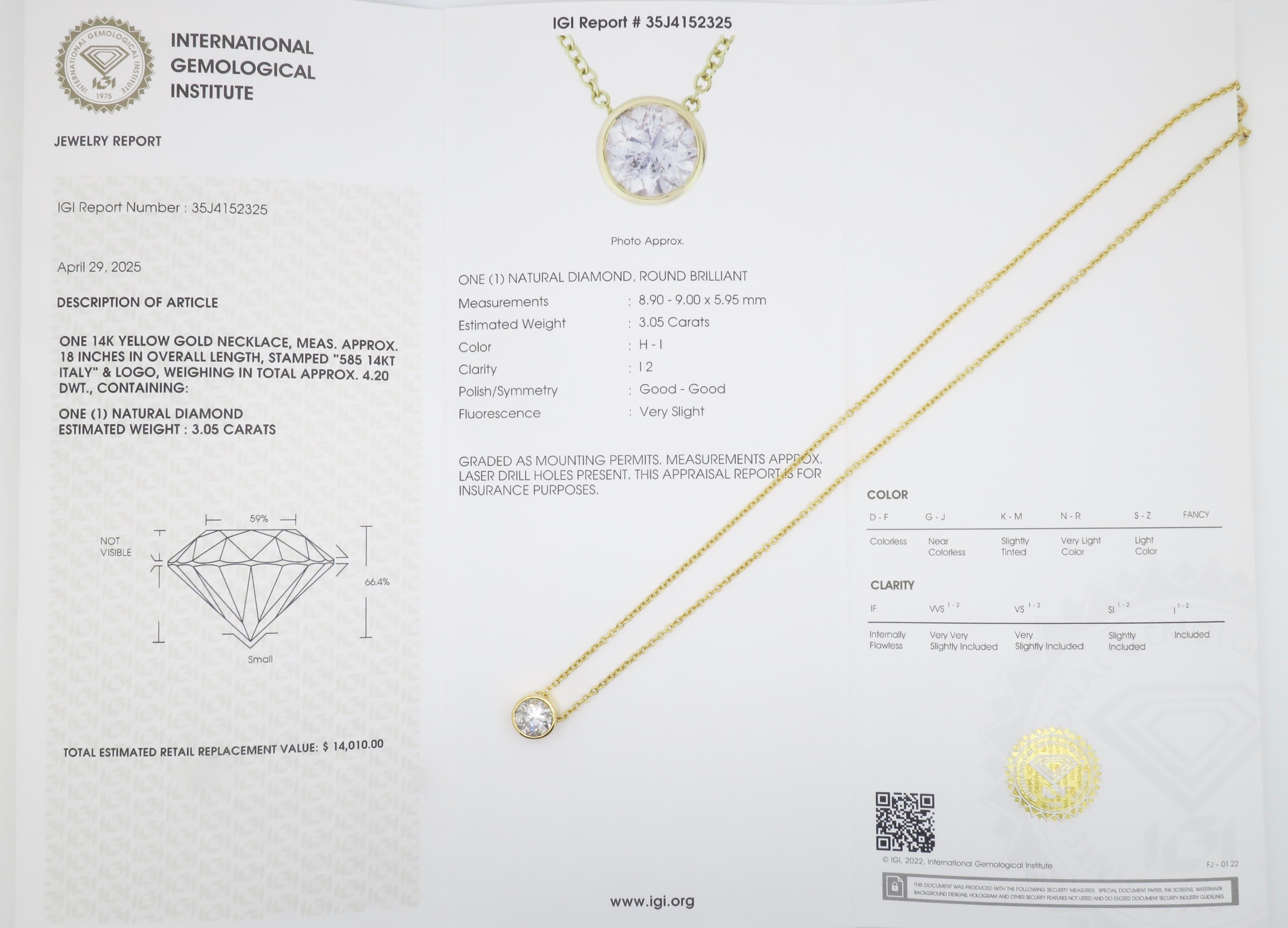 Collana con ciondolo solitario di diamanti taglio Brilliante rotondo certificato 3.05CT in vendita 4