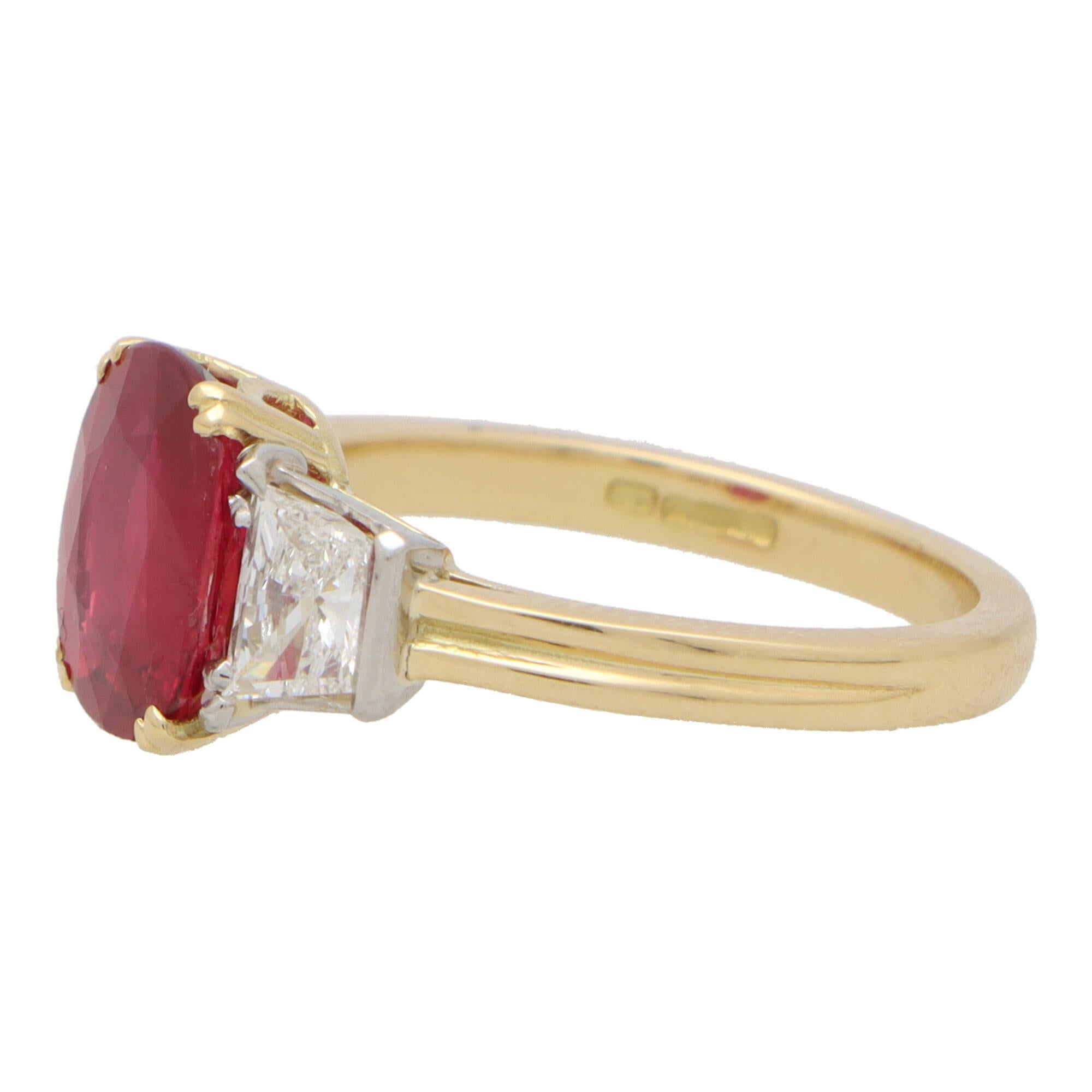 Modern  Certified 3.05ct Ruby and Diamond Three Stone Ring Set in 18k Yellow Gold
