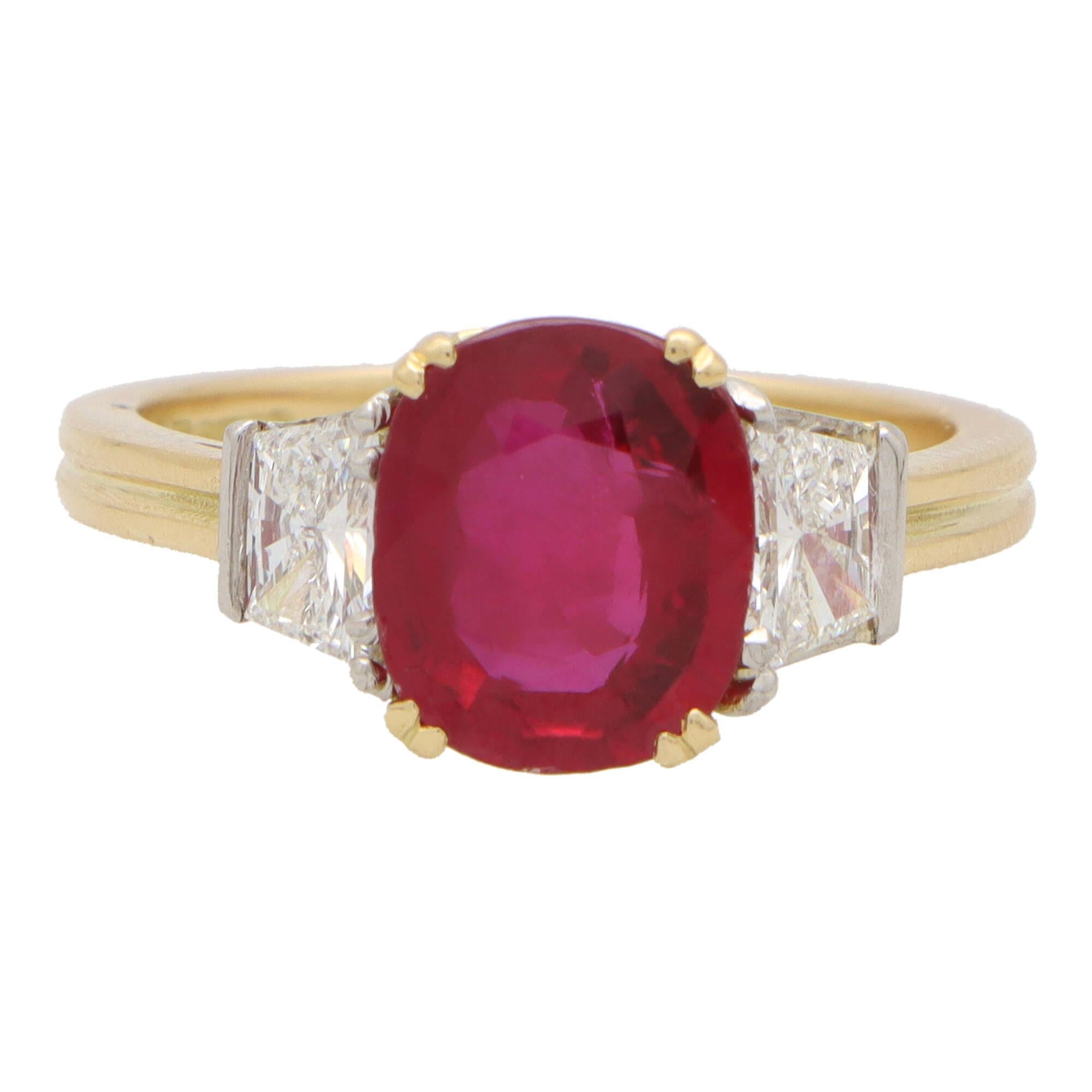Oval Cut  Certified 3.05ct Ruby and Diamond Three Stone Ring Set in 18k Yellow Gold