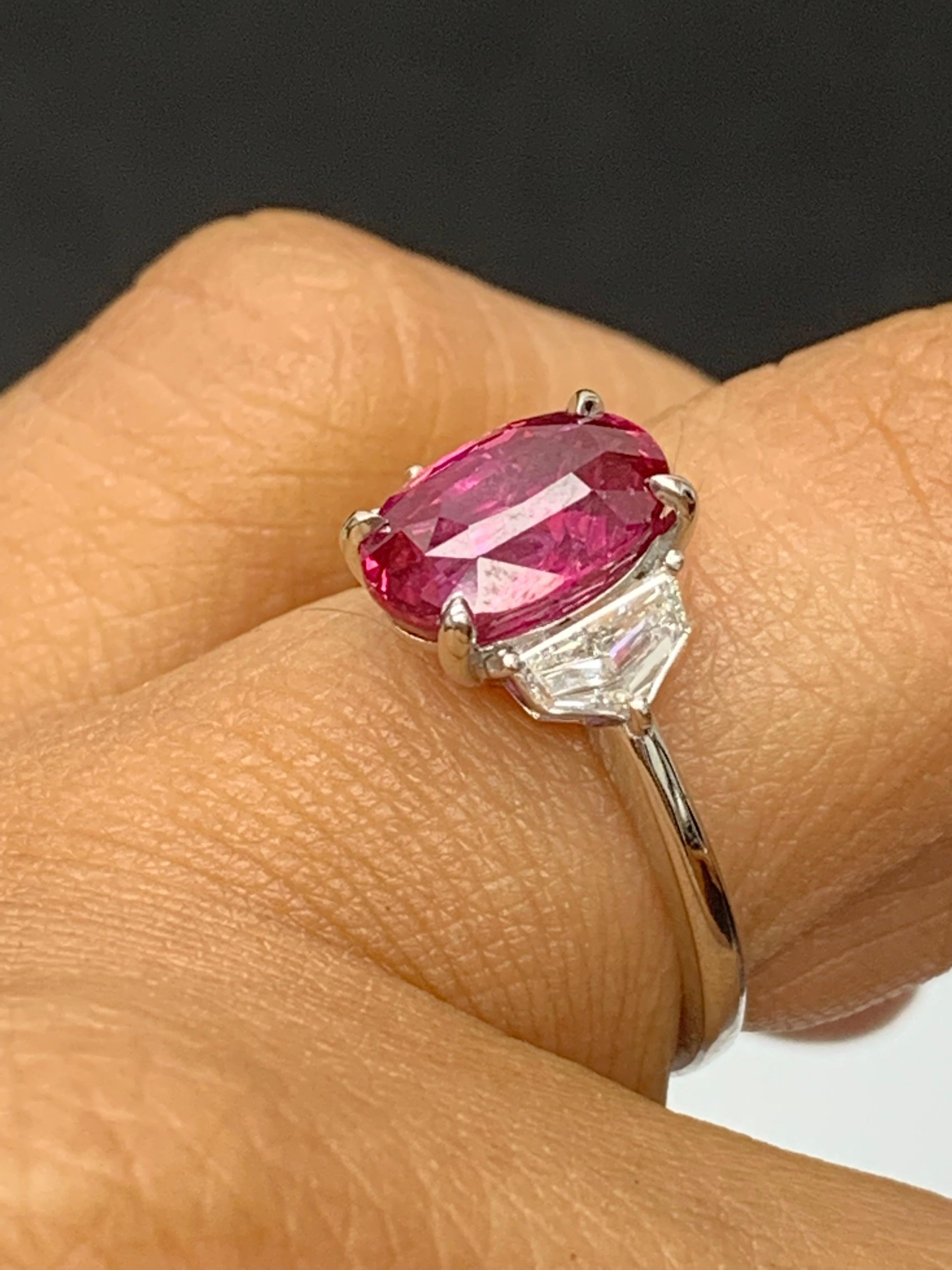Certified 3.06 Carat Oval Cut Ruby and Diamond Engagement Ring in Platinum For Sale 5