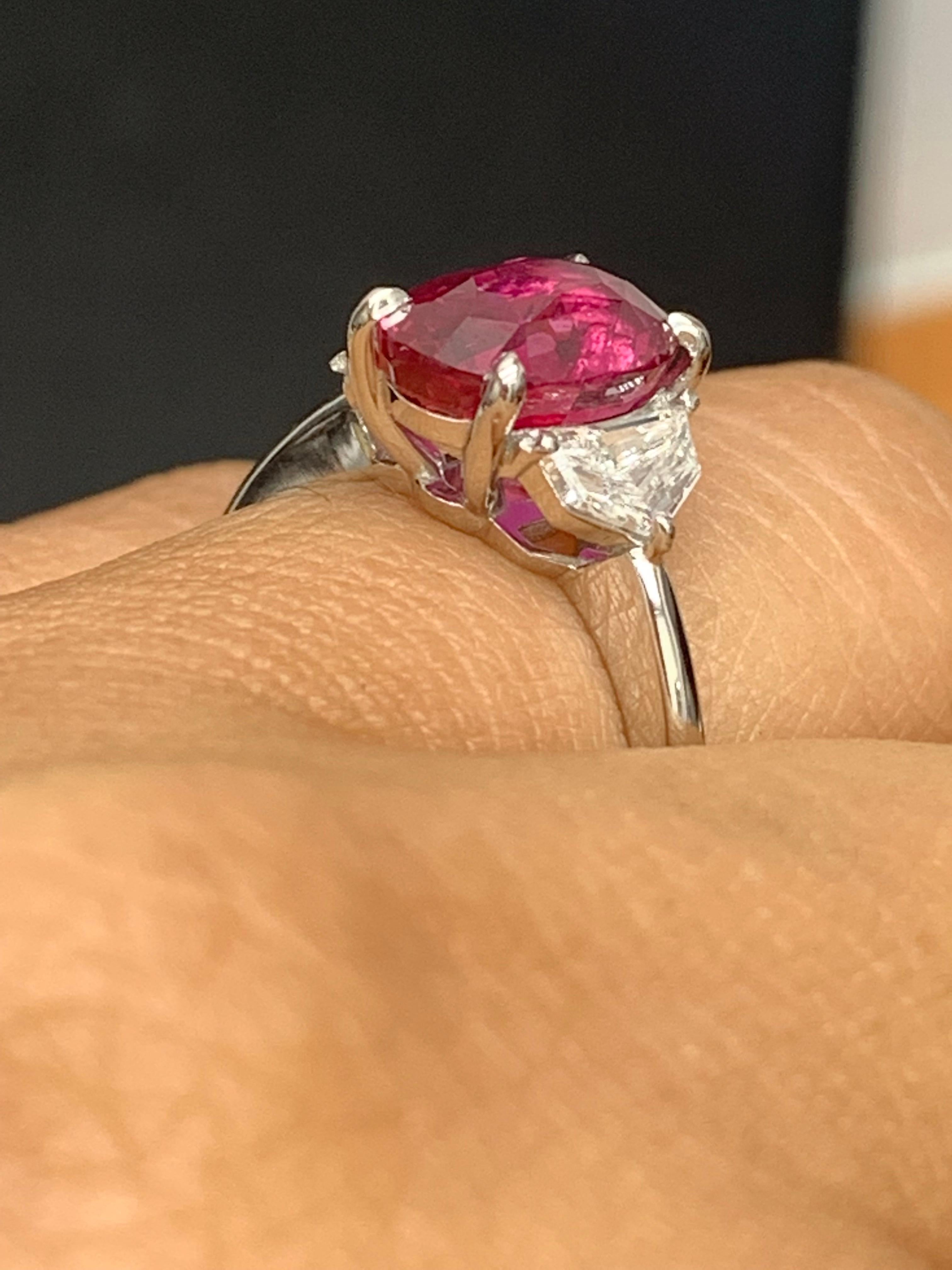 Certified 3.06 Carat Oval Cut Ruby and Diamond Engagement Ring in Platinum For Sale 9